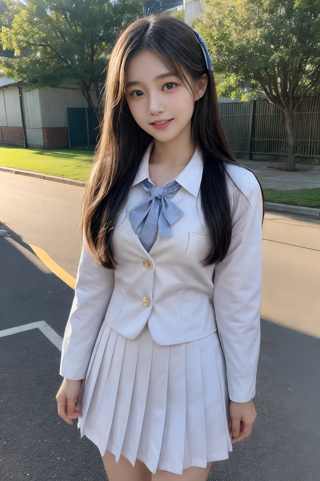 ​masterpiece、8K、32K、top-quality、(A cute Japanese woman:1.1)、detail portrayal、1 girl in、elegent、pupils、(School uniform:1.3)、School Grounds、cowboy  shot、ssmile