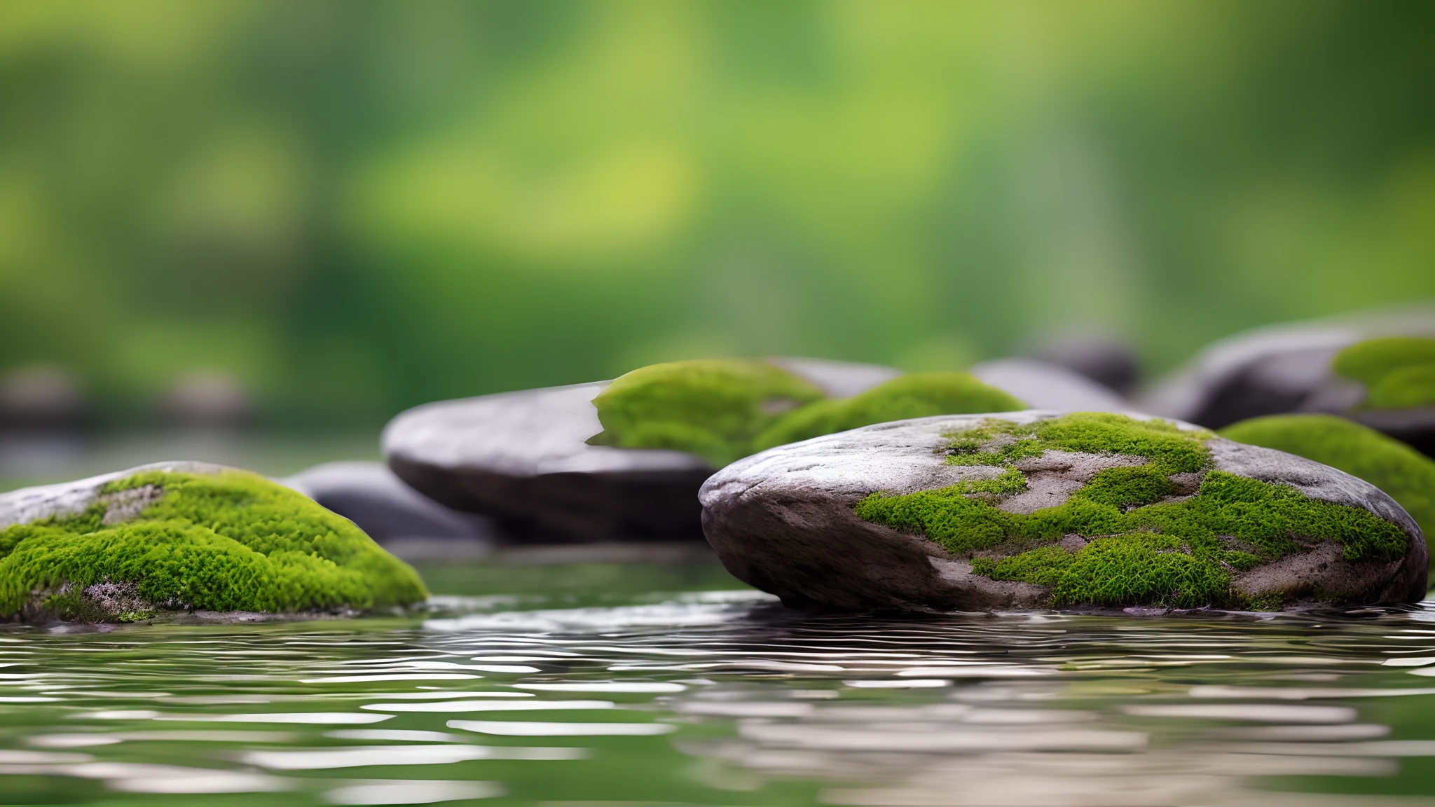 Tranquil zen setting, stack of smooth black stones, bamboo stick, clear water, vibrant green backdrop, sense of harmony, peace, natural elements, water droplets, nature's simplicity:: Reflections, ripples on water surface, fresh after-rain atmosphere, high-resolution, artistic depth of field:: Photorealistic, professional photograph, trending on ArtStation, Bokeh, HDR, UHD:: Text, human hands::-0.5 -- 8k, highly detailed::0.8 --auto --s2