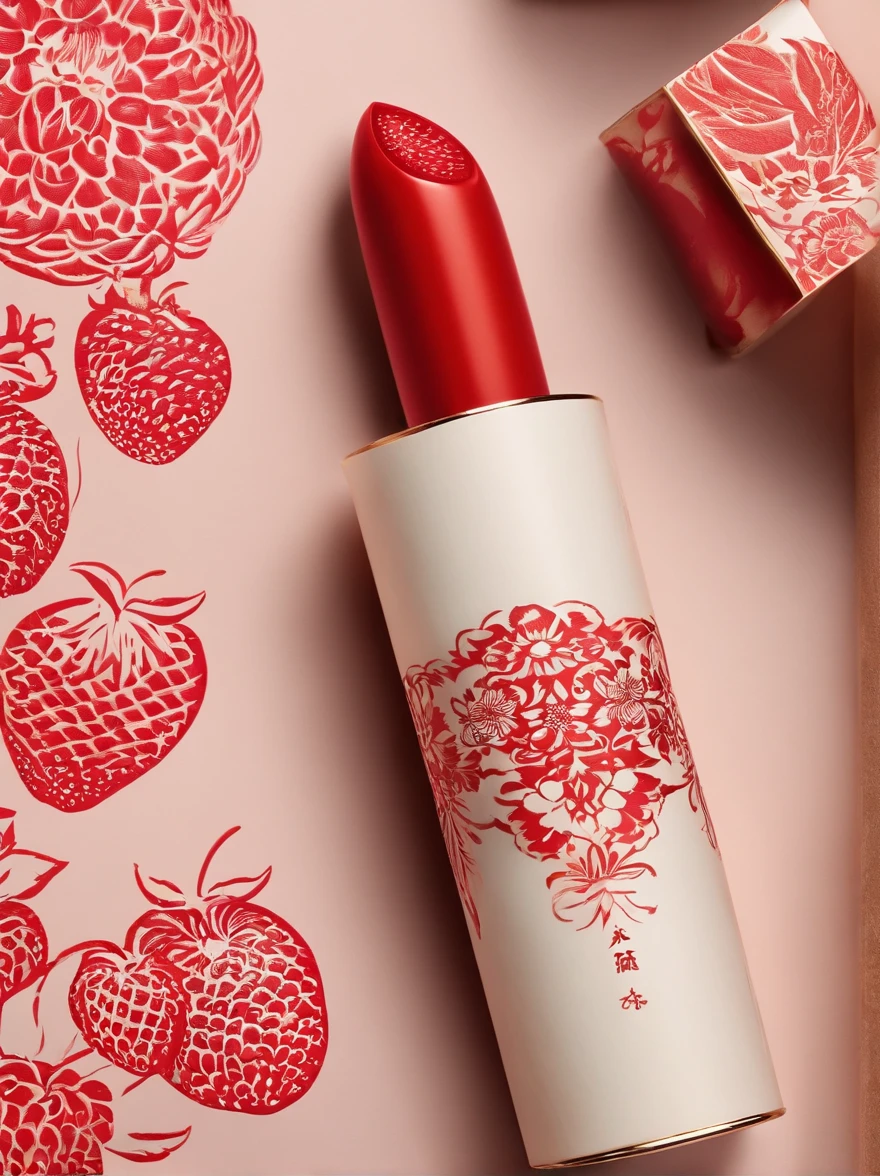 packaging design，Traditional Chinese paper-cut pattern，Strawberry theme，Lipstick packaging，（PET material：1:2），Lipstick tube