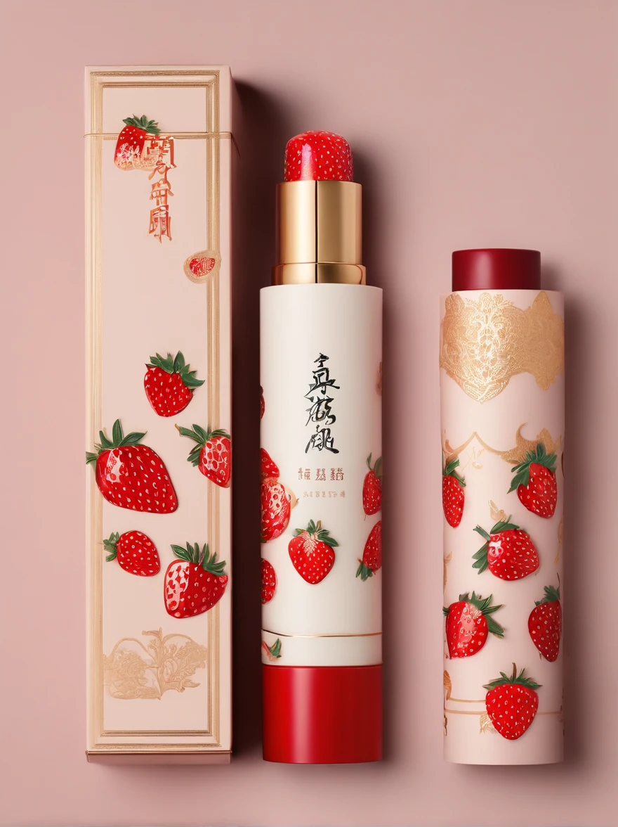 packaging design,Traditional Chinese paper-cut pattern,Strawberry theme,Lipstick packaging,(PET material:1:2),Lipstick tube