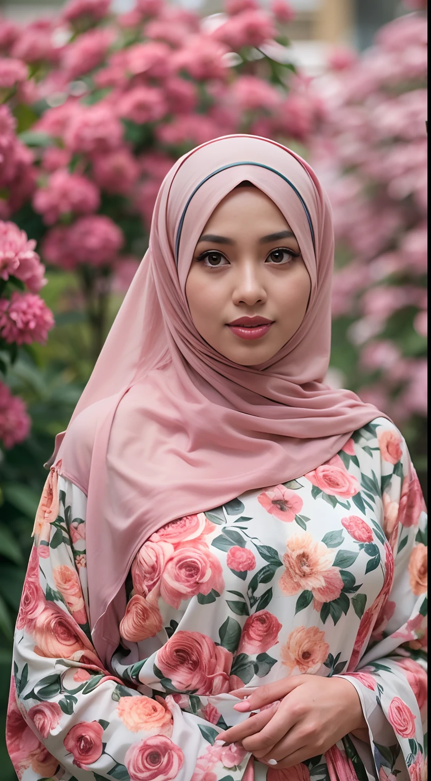 Photo of a young bookish Malay woman wearing a hijab walking in a flower garden, the woman wearing a pastel floral patterned baju baju baju baju, surrounded by a comfortable, cool atmosphere, looking at the viewer.big breast, (Skin details:1.3), hairy hands, Hijab, slim, red lips, seductive with bokeh camera background