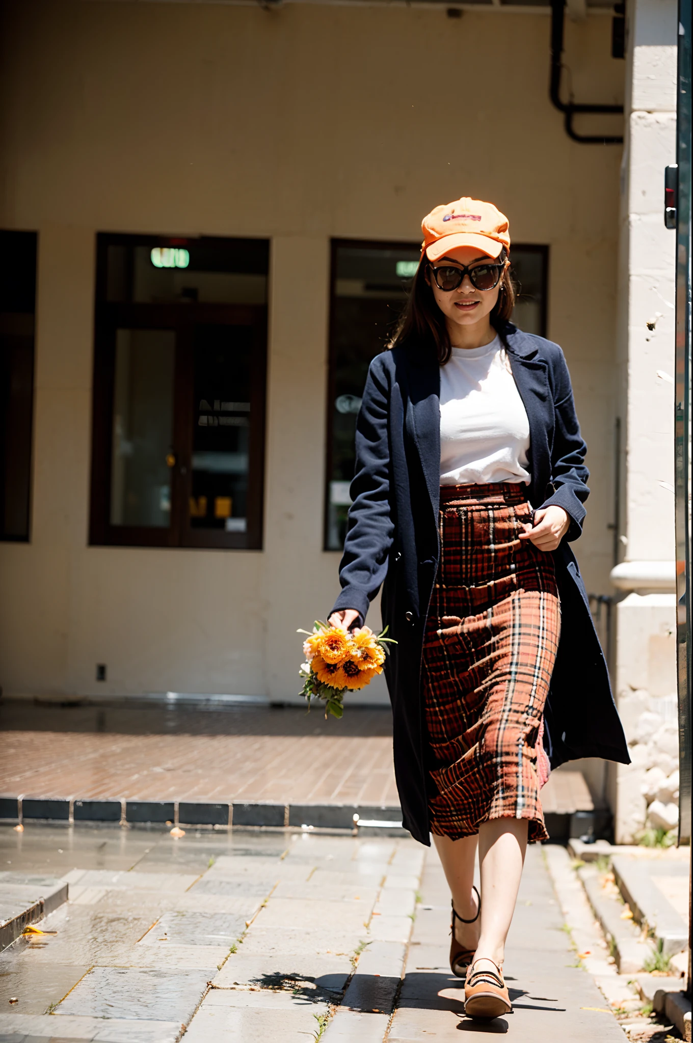 soio、Depiction of walking、holding a large bouquet of flowers in one hand、brown long skirt、Crestbridge Plaid Long Coat、Orange cap、Pulling photo、Posing with movement、Angle of view from the side、Young European beauties、Brown loafers、Orange clothing、