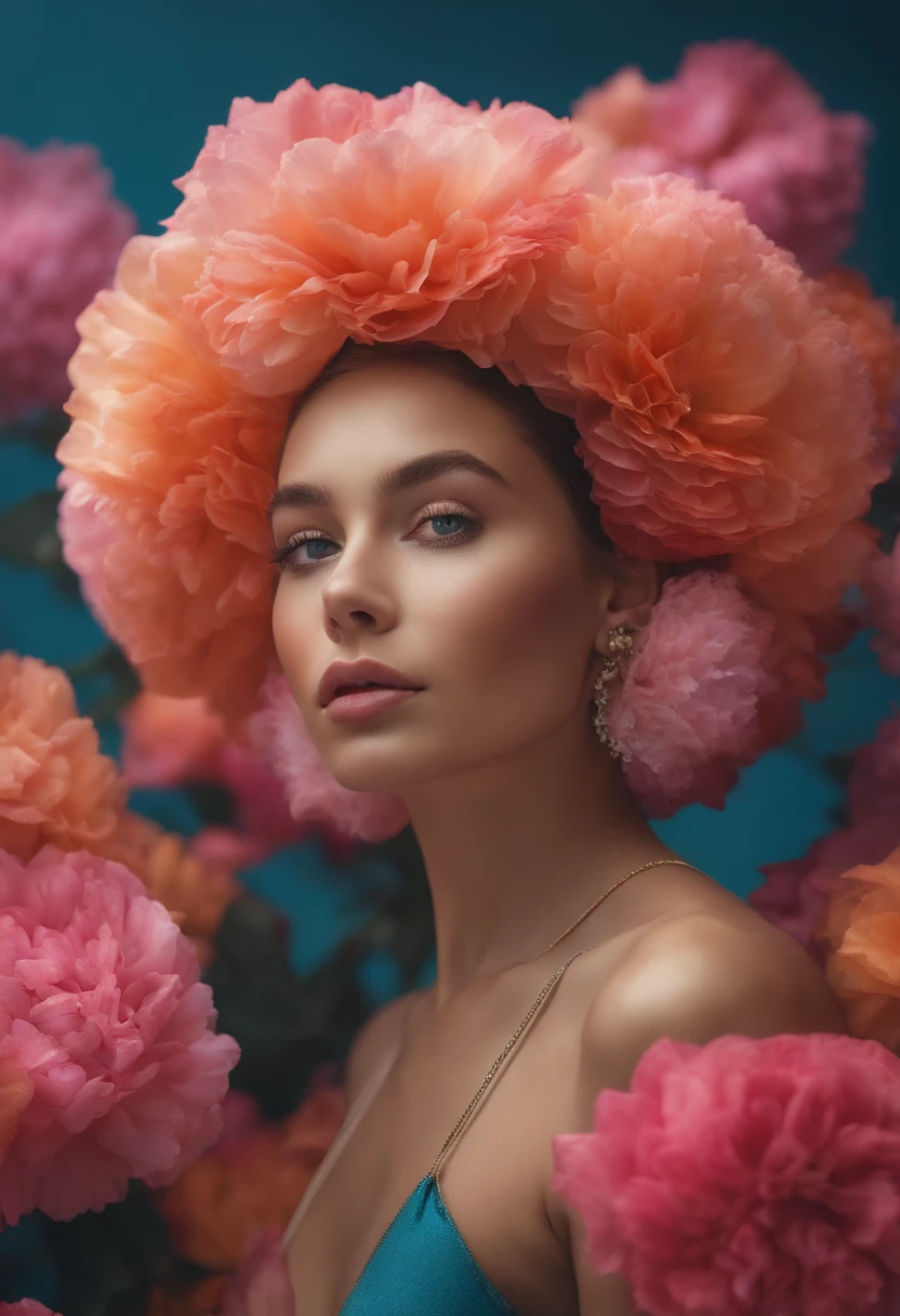 make 8k pic : "This hyper-color photograph portrays a -yeld wo with an exquisitely tranquil expression and resplendent, textured skin. Her features include small face wrinkles, visible face pores, and fine facial hair, adding to her natural allure. She adorns her cascading pink curls with delicate flowers and molecular shapes, creating a truly captivating image.Photographed by Sawa Sekkyō, this composition draws inspiration from the artistic styles of Dan Mumford, Évariste Vital Luminais, artgerm, Julie Bell, Beeple, and Oliver Vernon. It has gained significant traction on platforms like Artforum and Artgram, celebrated for its vibrant explosion of colors and the ethereal presence of prismatic cumulus clouds. The overall aesthetic conjures thoughts of a painted masterpiece, evoking elements of Dan Mumford, artgerm, Julie Bell, Beeple, and Oliver Vernon, while drawing inspiration from Évariste Vital Luminais.This photograph brilliantly captures the subject's radiant beauty through stunning hyper-color photography, resulting in a subtly enchanting countenance."