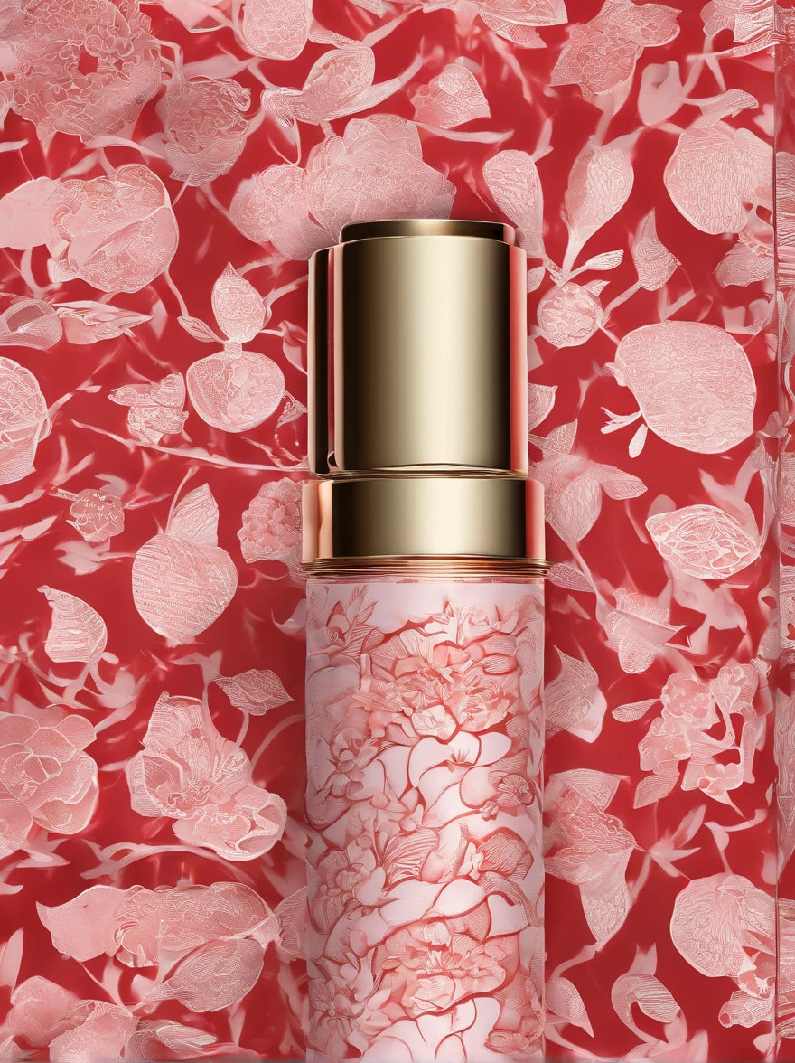 packaging design，Traditional Chinese paper-cut pattern，Strawberry theme，Lipstick packaging，（PET material：1:2），Lipstick tube