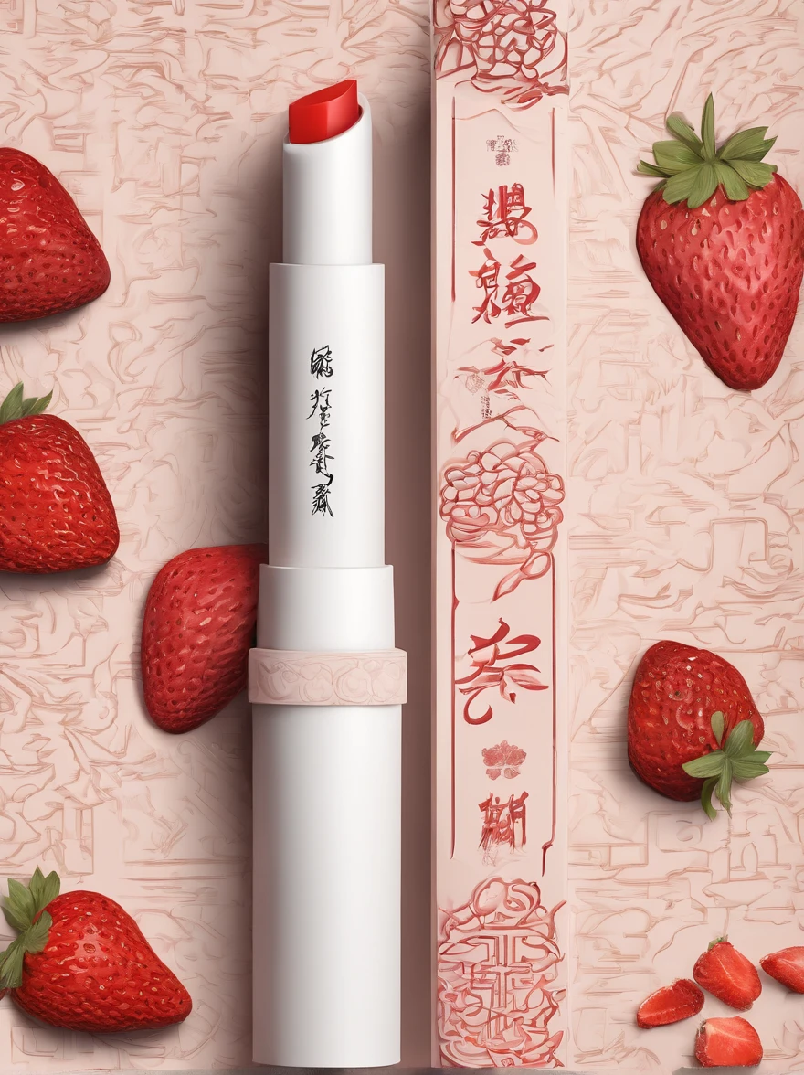 packaging design，Traditional Chinese paper-cut pattern，Strawberry theme，Lipstick packaging，（PET material：1:2），Lipstick tube