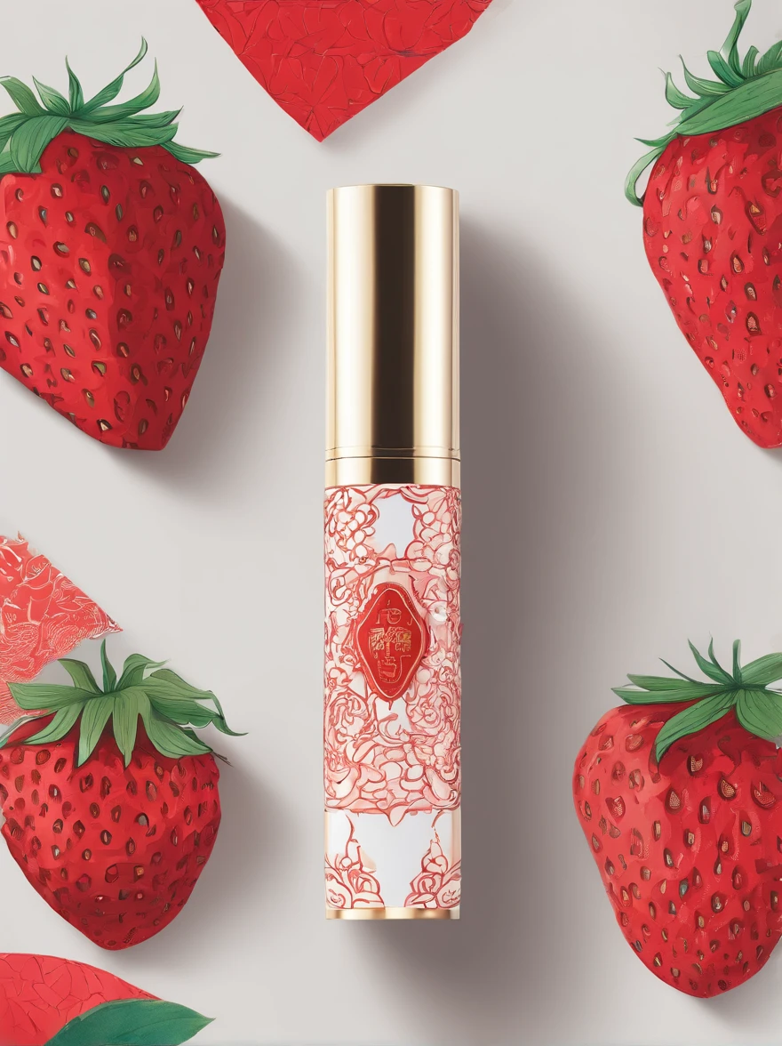 packaging design,Traditional Chinese paper-cut pattern,Strawberry theme,Lipstick packaging,(PET material:1:2),Lipstick tube