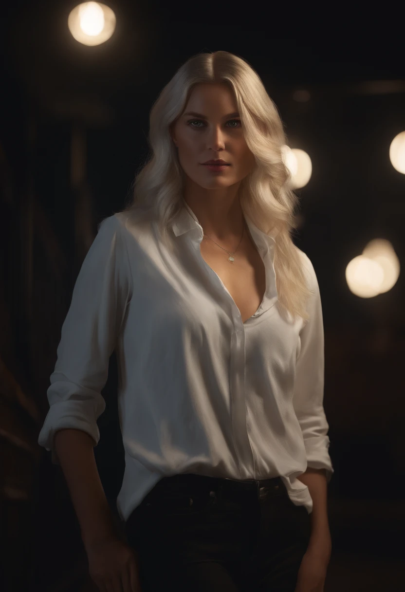 (front focus),(in the dark:1.6), Hyperrealist portrait of female by david hockney and alphonse mucha,fantasy art, photo realistic, dynamic lighting, artstation, poster, volumetric lighting, very detailed faces, 4 k, award winning,, 1girl, in the dark, deep shadow, low key,cowboy shot,(official clothing:1.4) ,long hair,white hair,