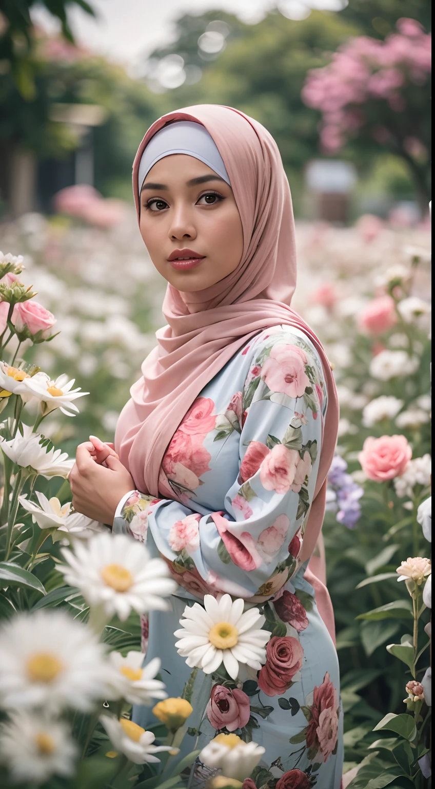 Photo of a young bookish Malay woman wearing a hijab walking in a flower garden, the woman wearing a pastel floral patterned baju baju baju baju, surrounded by a comfortable, cool atmosphere, looking at the viewer.big breast, (Skin details:1.3), hairy hands, Hijab, slim, red lips, seductive with bokeh camera background