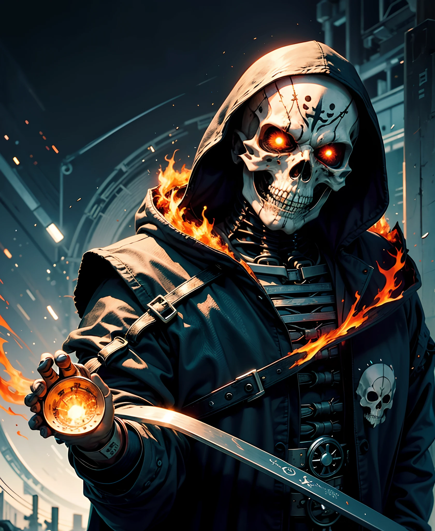 hood, calavera, skeleton, 独奏, 1boy, male focus, fire, Robe, hood up, cloak, upper-body, copyright name, Black background,skull face,skull tattoo on facezdeath,showering,soul reaper , holding a syth,syth welder