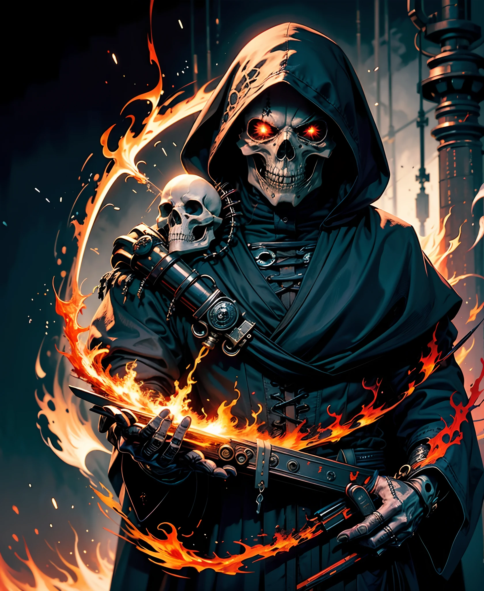 hood, calavera, skeleton, 独奏, 1boy, male focus, fire, Robe, hood up, cloak, upper-body, copyright name, Black background,skull face,skull tattoo on facezdeath,showering,soul reaper , holding a syth,syth welder
