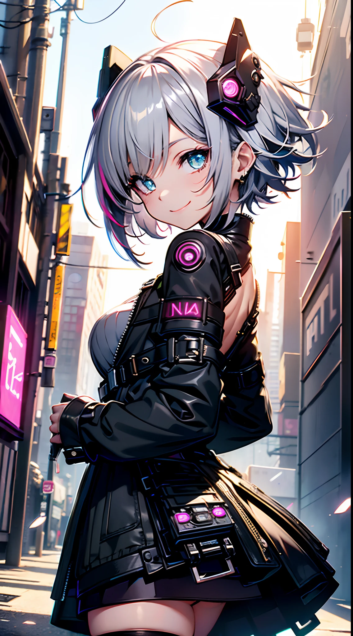 natta、Colorful cyberpunk city background、Gothic ta Fashion(Chest wide open)、colorful lighting、Smile coquettishly、a miniskirt、silver eye、Silver short hair、radiant eyes、Black stockings、Back lighting、brilliance、looking at the spectator、Low Angle Lens、perfect-composition、Perfect light and shadow delicacy、in 8K、