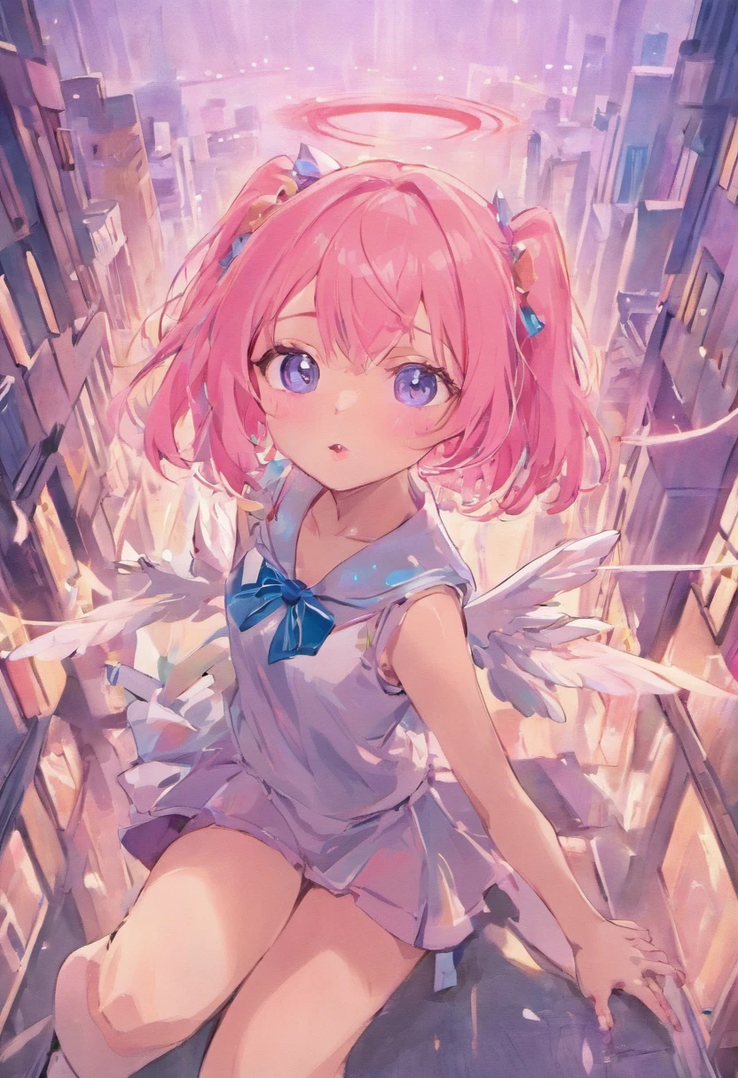skistyle, 1girl, solo, pink hair, animal ears, blue eyes, wings, looking at viewer, bangs, short hair, bow, sailor collar, white sailor collar, hair bow, pink bow, closed mouth, shirt, white shirt, bear ears, bob cut, mini wings, portrait, detached wings, makeup, upper body, city in background