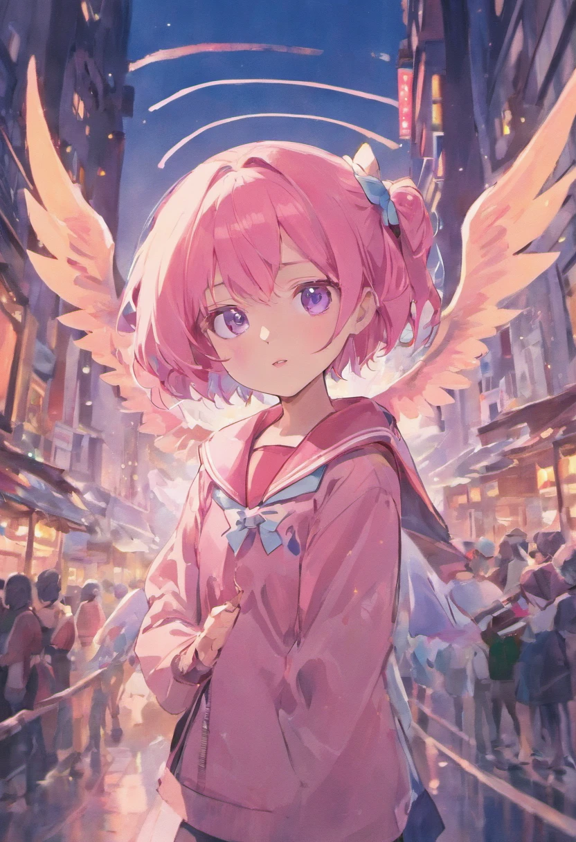 skistyle, 1girl, solo, pink hair, animal ears, blue eyes, wings, looking at viewer, bangs, short hair, bow, sailor collar, white sailor collar, hair bow, pink bow, closed mouth, shirt, white shirt, bear ears, bob cut, mini wings, portrait, detached wings, makeup, upper body, city in background