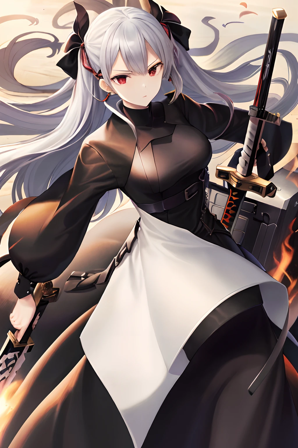 Perfect Artwork, masutepiece, Best Quality, hight resolution, Detailed face, Beautiful woman, 1girl in, close-up,Black Dress, Awards,Two-side-up,White hair,Sword,