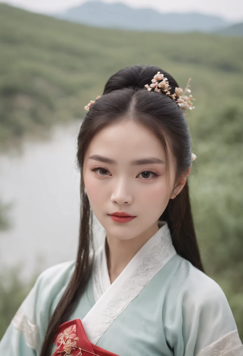 Highest image quality, Outstanding details, Ultra-high resolution, Chinese girl in Hanfu, with a delicate and beautiful face, In the background is a rural area with beautiful scenery