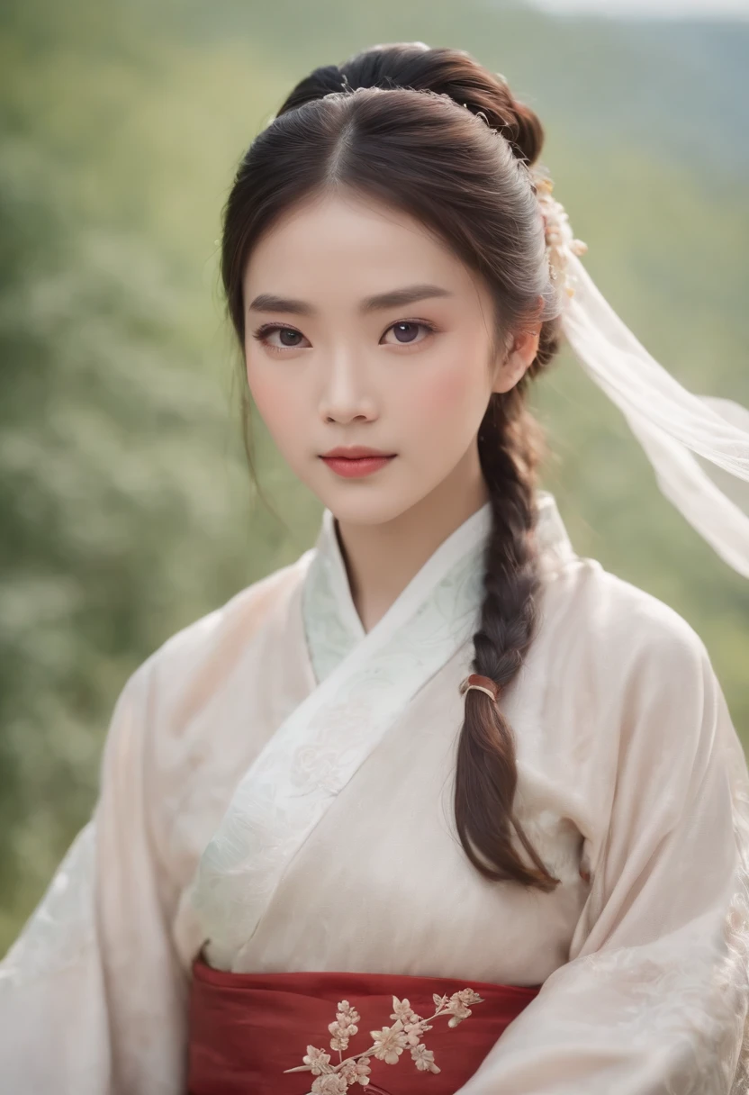 Highest image quality, Outstanding details, Ultra-high resolution, Chinese girl in Hanfu, with a delicate and beautiful face, In the background is a rural area with beautiful scenery