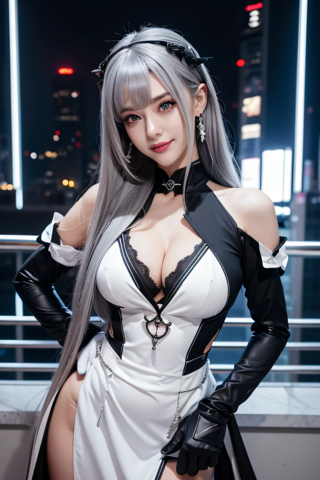 (Realistic painting style:0.9), masutepiece, Best Quality, absurderes, Looking at Viewer, Solo, bronya zaychik (silverwing n-ex), bronya zaychik, Red pupils, 1girl in, Solo, breasts, Long hair, ((Female Keeper Cosplay)), Black and white costume、Grey Hair, cleavage, Looking at Viewer, Smile, Closed mouth, Bangs, grey eyes, Jewelry, single glove, earrings,gloves, Drill Hair, hair between eye, Large breasts, twin drills, White sleeves, Hair Ornament, Single-pole drone, city, Night、Female Keeper Cosplay, Black and white costume、a smile、