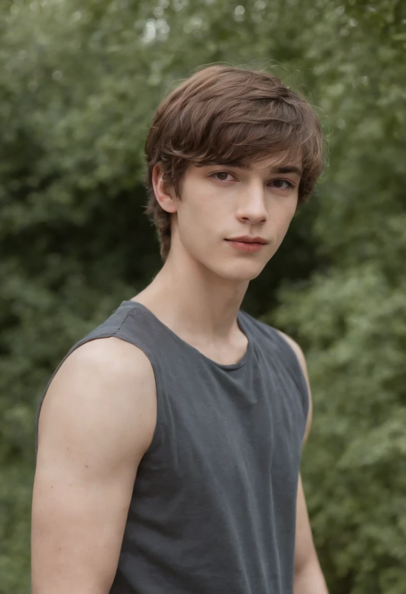 Personnage masculin. He has brown hair that reaches his shoulder. Il est sexy. He has the eyes in fine. He is 17 years old. He's muscular like a normal teenager. Il est de belles mains finne et vaineuses. Il mesure 1m70. He has a very voluminous 20 cm penis. Il est tout nu.