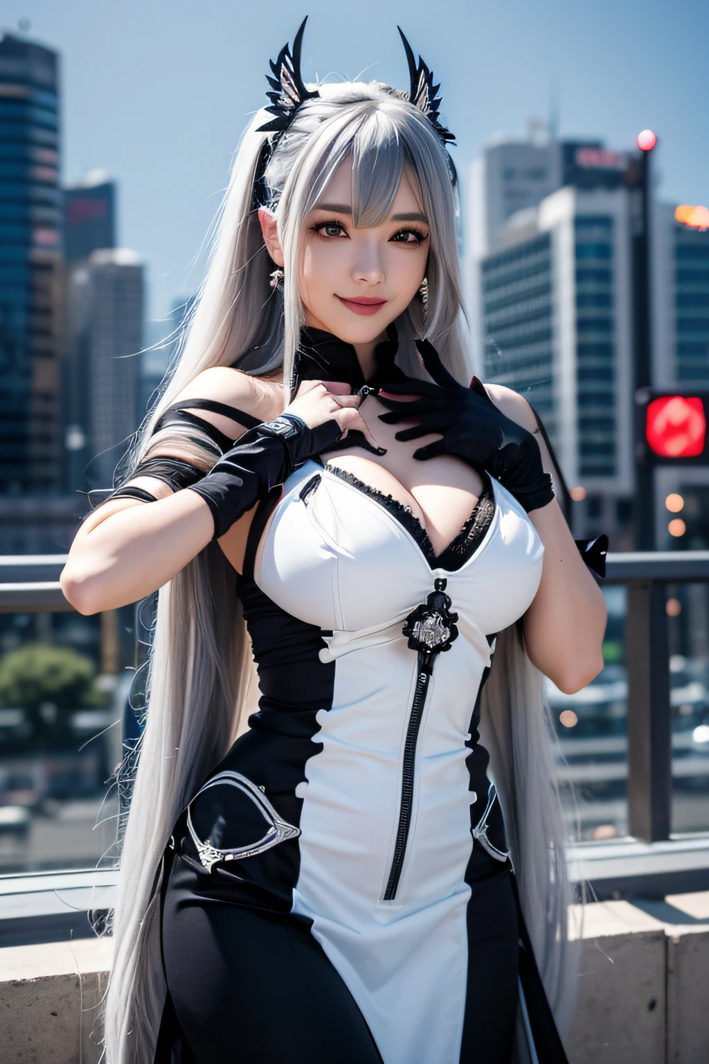 (Realistic painting style:0.9), masutepiece, Best Quality, absurderes, Looking at Viewer, Solo, bronya zaychik (silverwing n-ex), bronya zaychik, Red pupils, 1girl in, Solo, breasts, Long hair, ((Female Keeper Cosplay)), Black and white costume、Grey Hair, cleavage, Looking at Viewer, Smile, Closed mouth, Bangs, grey eyes, Jewelry, single glove, earrings,gloves, Drill Hair, hair between eye, Large breasts, twin drills, White sleeves, Hair Ornament, Single-pole drone, city, Night、Female Keeper Cosplay, Black and white costume、a smile、