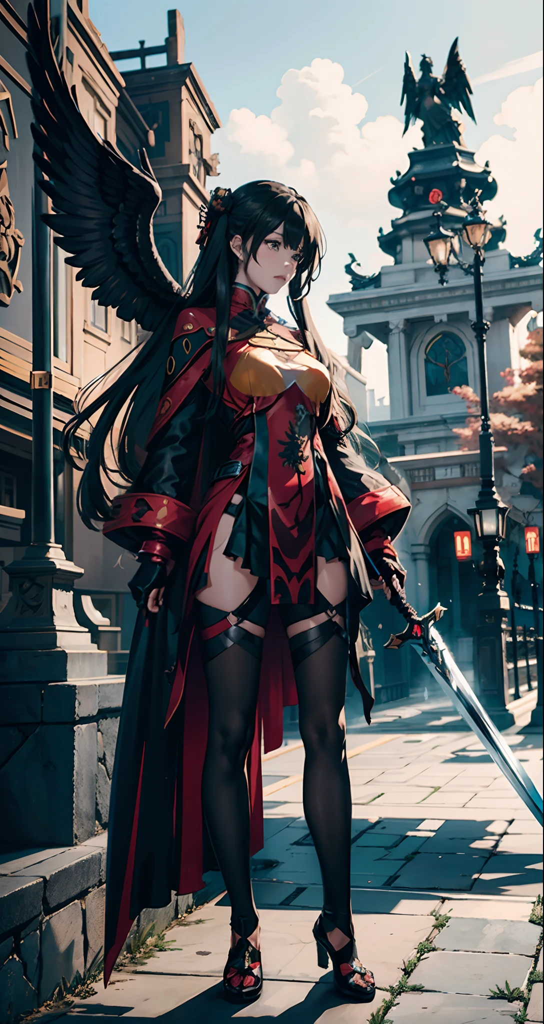 girl with a sword and wings in a outdoor area, Halloween them, masterpiece goddess of sorrow, fine details. girls frontline, cushart krenz key art feminine, from girls frontline, shalltear bloodfallen, full body xianxia, characters from azur lane, black - haired mage, ayaka genshin impact, albedo from overlord, anime goddess