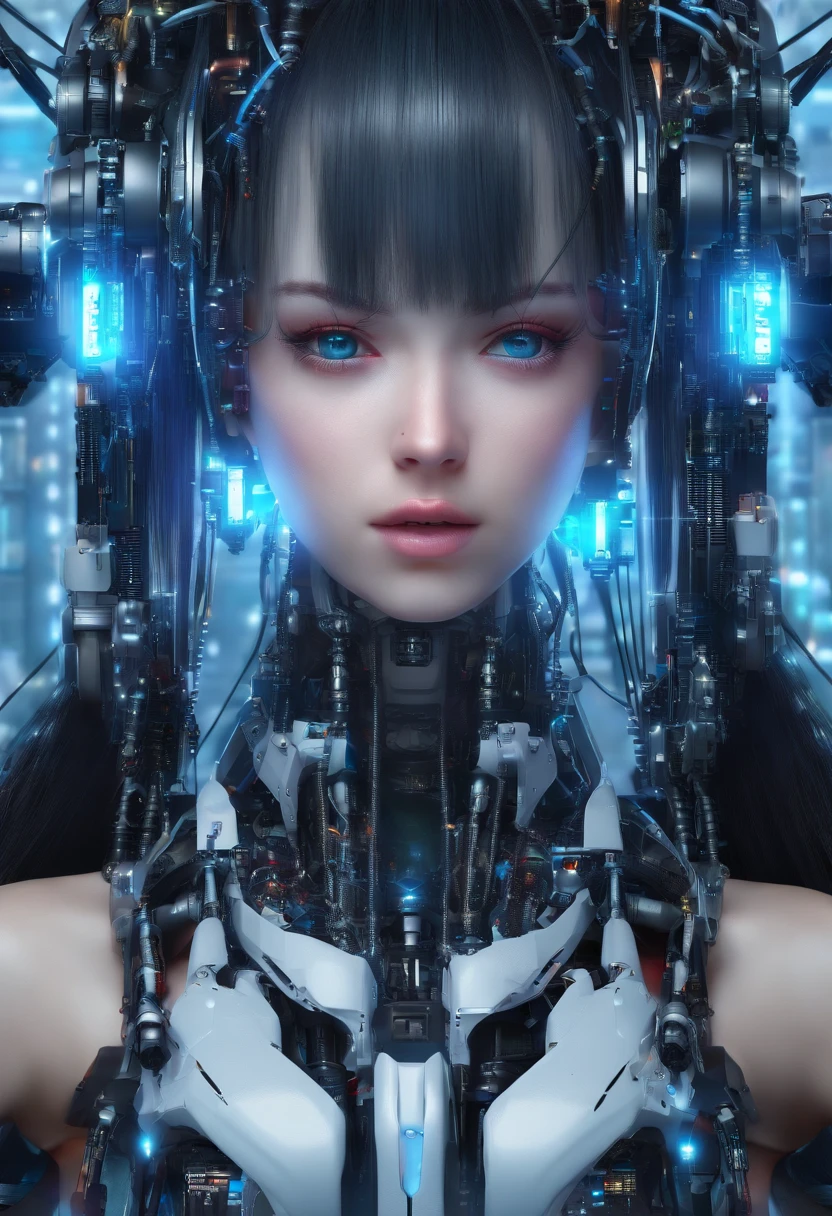 ((best quality)), ((masterpiece)), (detailed), perfect face, a beautiful woman with withe long hair and a sky blue reflection, with sky blue eyes in a cyberpunk city with sky blue lights and she is half cyborg with no clothes.