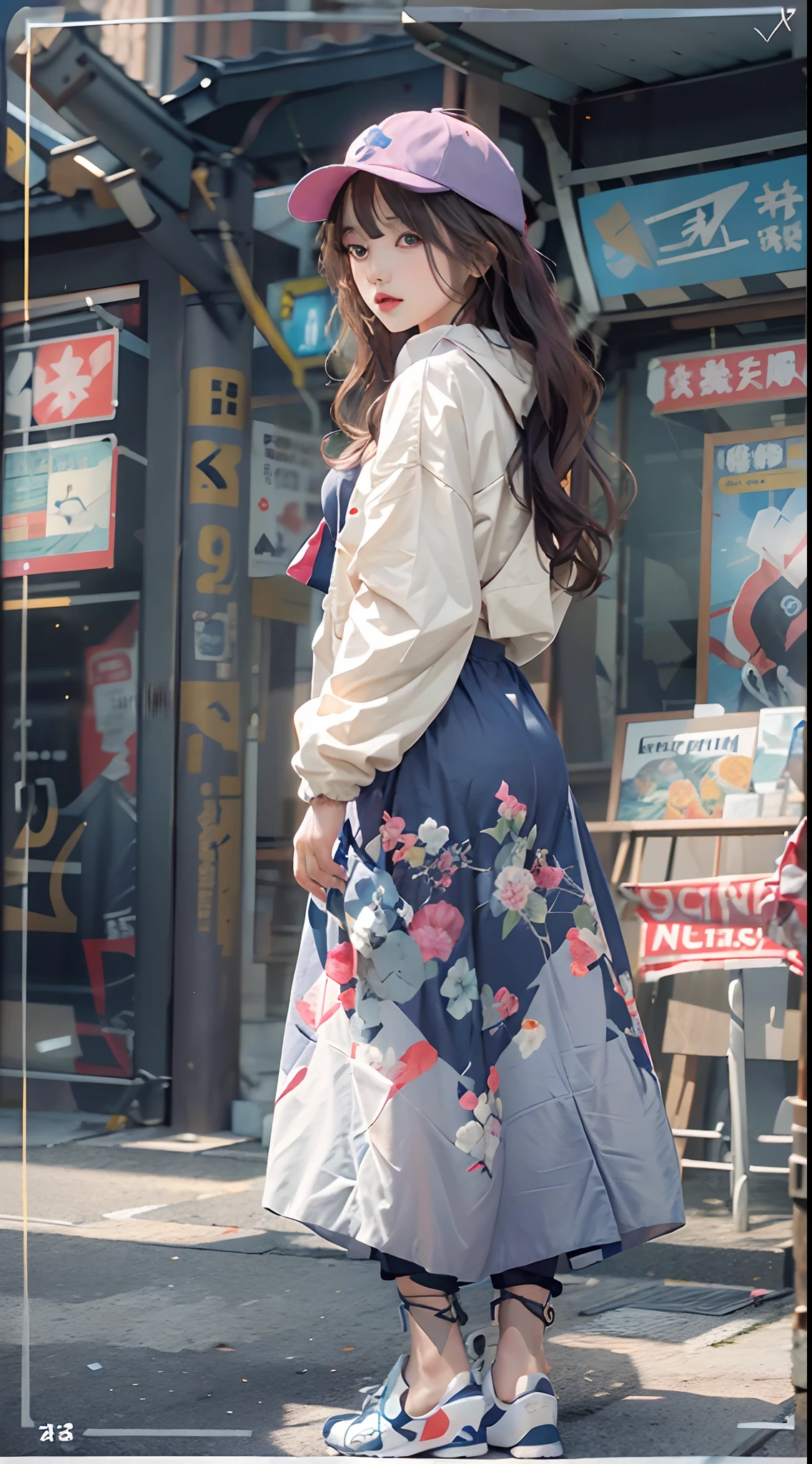 (Hyper-realistic) , (illustratio), (Increase the resolution), (8K), (RAW photos,best qualtiy),(realisticlying,photograph realistic:1.3),best qualtiy,highly detailed,tmasterpiece,Hyper-detailing,one-girl,Stylish sweatshirt, Windbreaker long skirt,Poster on the front。