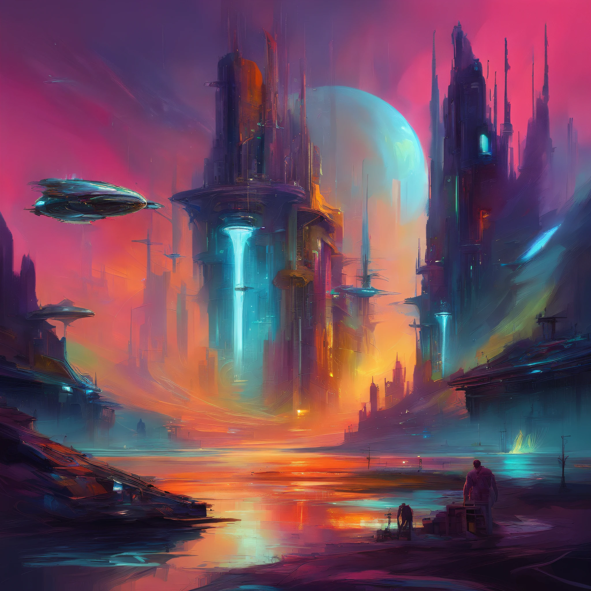 Future city, space station, AI, light, neon sign, spaceship,