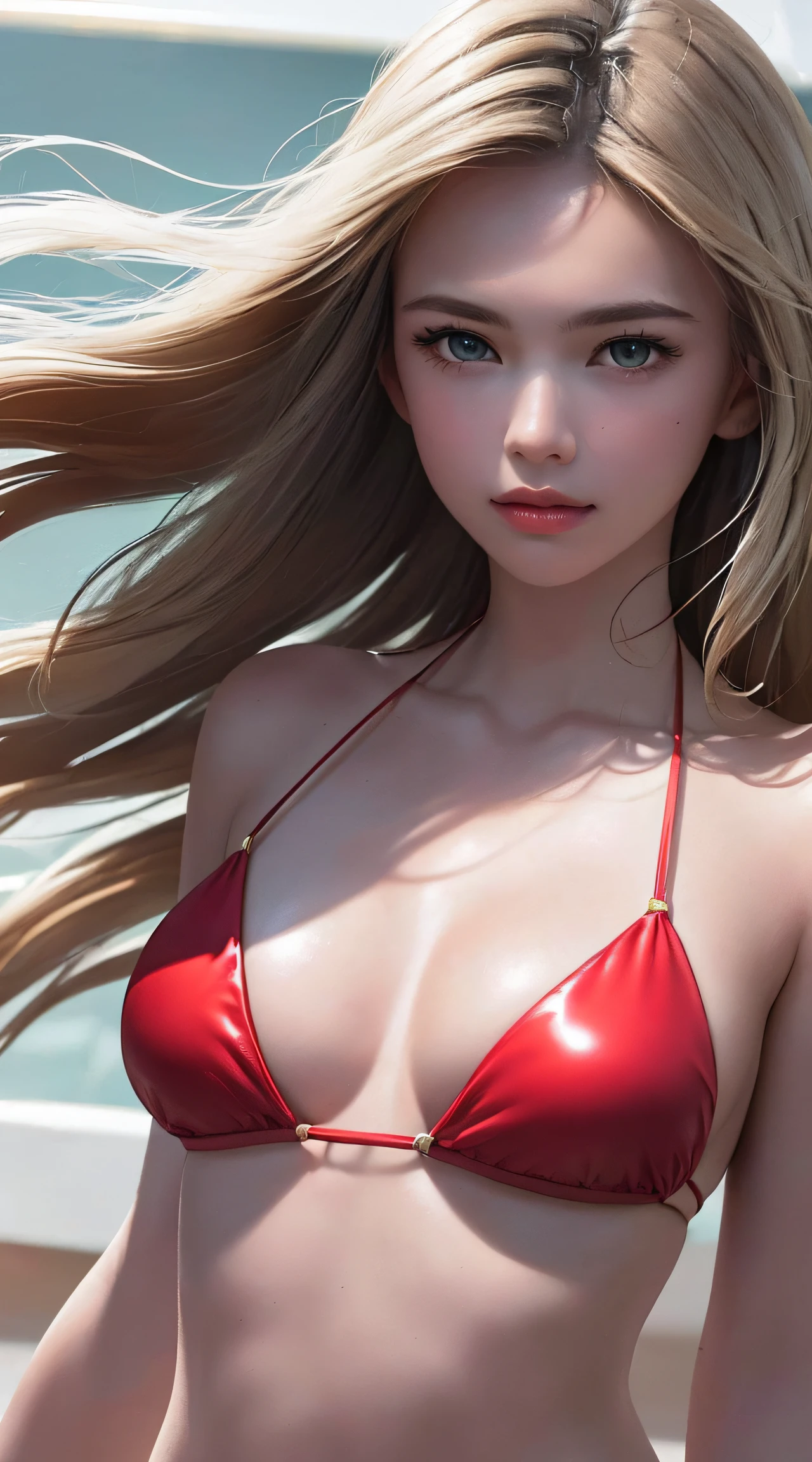 (8K, RAW Photos, of the highest quality, Masterpieces: 1.2), (Realistic, Photorealistic: 1.37), Highest Quality, Ultra High Resolution, light leaks, Dynamic lighting, Slim and smooth skin, (Full body:1.3), (Soft Saturation: 1.6), (Fair skin: 1.2), (Glossy skin: 1.1), Oiled skin, 22 years old, Night, shiny white blonde, Well-formed, Hair fluttering in the wind, (Close-up shot of face only:1.2), Physically Based Rendering, From multiple angles, all-fours, Chest is sheer, (Smaller chest:1.2), cleavage of the breast, Lower breast, (Transparent costume:1.3), Not wearing a cloak, Beautiful eyes,Break HA,(8K, RAW Photos, of the highest quality, Masterpieces: 1.2), (Realistic, Photorealistic: 1.37), Highest Quality, Ultra High Resolution, focused eyes, light leaks, Dynamic lighting, Slim and smooth skin, (Full body:1.3), (Soft Saturation: 1.6), (Fair skin: 1.2), (Glossy skin: 1.1), (Oiled skin:1.2), 18 years old, Night, plein air, Strong morning light from the front, BREAK, shiny white blonde, Well-formed, Hair fluttering in the wind, (Close-up shot of face only:1.2), Physically Based Rendering, From multiple angles, (Cute:1.2), Beautiful hair blown in the wind, all-fours, Chest is sheer, Well equipped, Sheer, Transparent, Glittering Gemstones, beautiful body shape, It features a simple, BREAK, Hair volume decreases towards the ends of the hair, Beautiful skin without blemishes, (Thin shiny red little bikini:1.2), Sparkly lips, The air is clear, shiny white blonde hair, Light is coming in from various directions, Hair through intense light, (Erotic:1.3), (Bare chest:1.2), (Small breasts:1.2), Under the breasts, narrowwaist, narrow shoulders, gazing at viewer, Big smile, spring, Bathing, Very small cloth, thighs thighs thighs thighs, she is Holding a milk-filled bottle of milk in her hand in front of hair breast,
