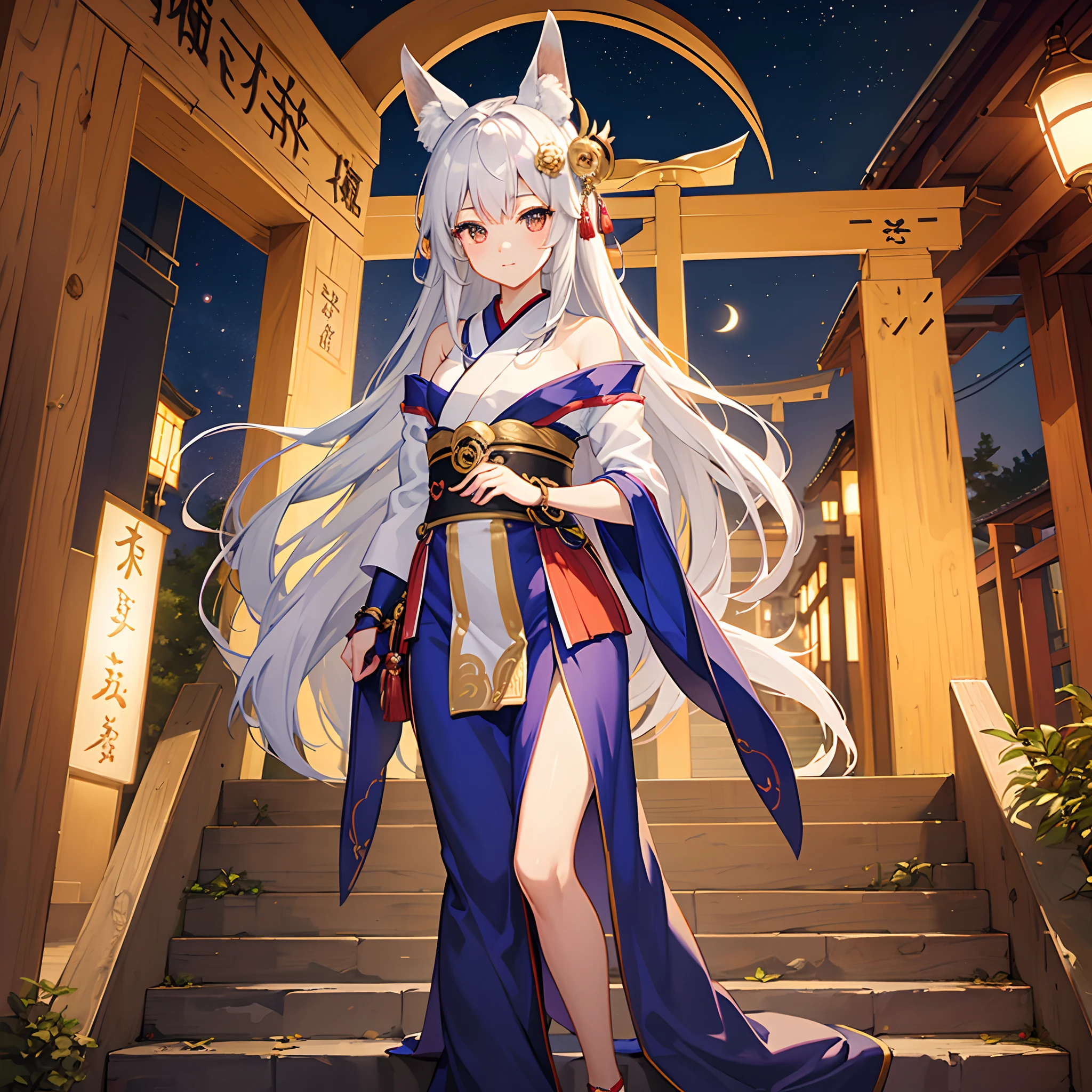 masterpiece best quality　mid night　Fox-eared beauty　Cute girl with silver hair　Priestess clothing　　torii gate　stairway　　Fantastical　Mystical　Wonderland　Taiko Bridge in the city of Kyoto　a river　The Afterlife and This World