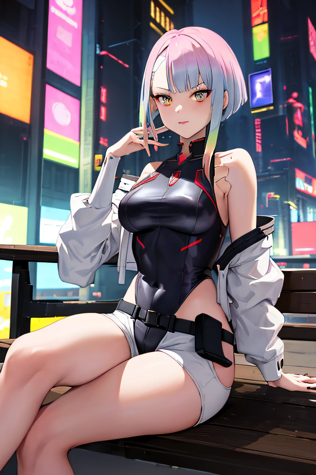 masterpiece, best quality, highres, lu1, cyborg, multicolor hair, makeup, bare shoulders, black leotard, high leg leotard, (thong: 1.1), yellow jacket, open jacket, belt, shorts, cowboy shot, cyberpunk, sitting, legs crossed, bench, medium breasts, cyberpunk city in the background