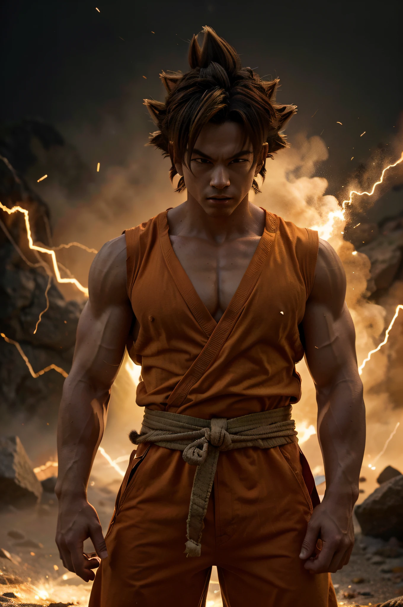 "Create a hyper-realistic 4K render of Goku in his Super Saiyan form. Focus on capturing every intricate detail, from the intensity in his eyes to the individual strands of his golden hair. Pay special attention to the anatomy, muscle definition, and the flow of his iconic orange gi. Ensure that the lighting enhances the drama of the scene, with dynamic shadows and highlights. The background should complement Goku's aura, conveying the power he possesses. This image should be of exhibition-quality, showcasing the full might of Super Saiyan Goku."