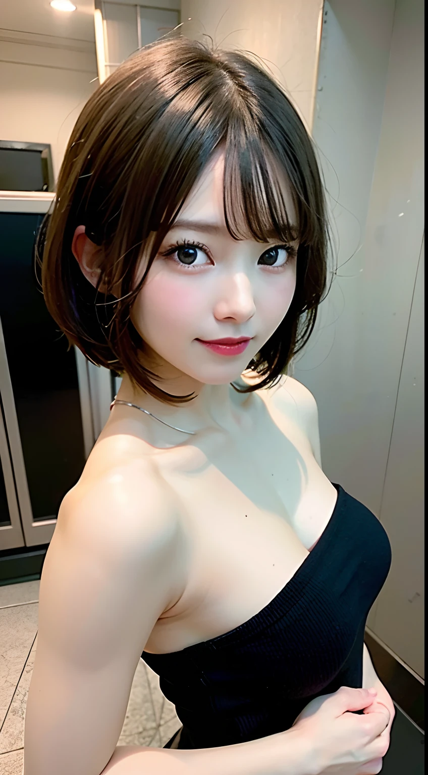 (8K, Raw photo:1.2),Detailed face and eyes,Best Quality, 超A high resolution, Highly detailed ,intricate detailes ,masutepiece ,Cute Girl , Soft cinematic light, Hyper-detailing,Sharp Focus, High quality,a blond, bob cuts,Bob Hair, tits out, Highkick　piece sign