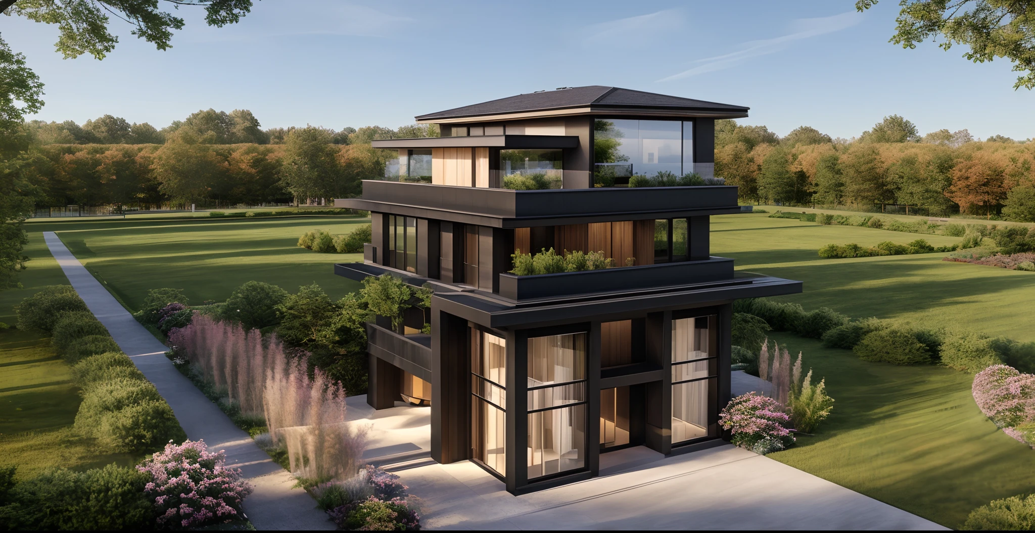 (masterpiece),(high quality), best quality, real,(realistic), super detailed, (full detail),(4k),8k,modern house exterior design,Modern architecture,Beautiful_sky,Day light, no_humans, outdoors,sky,tree,Garden flower front of building,