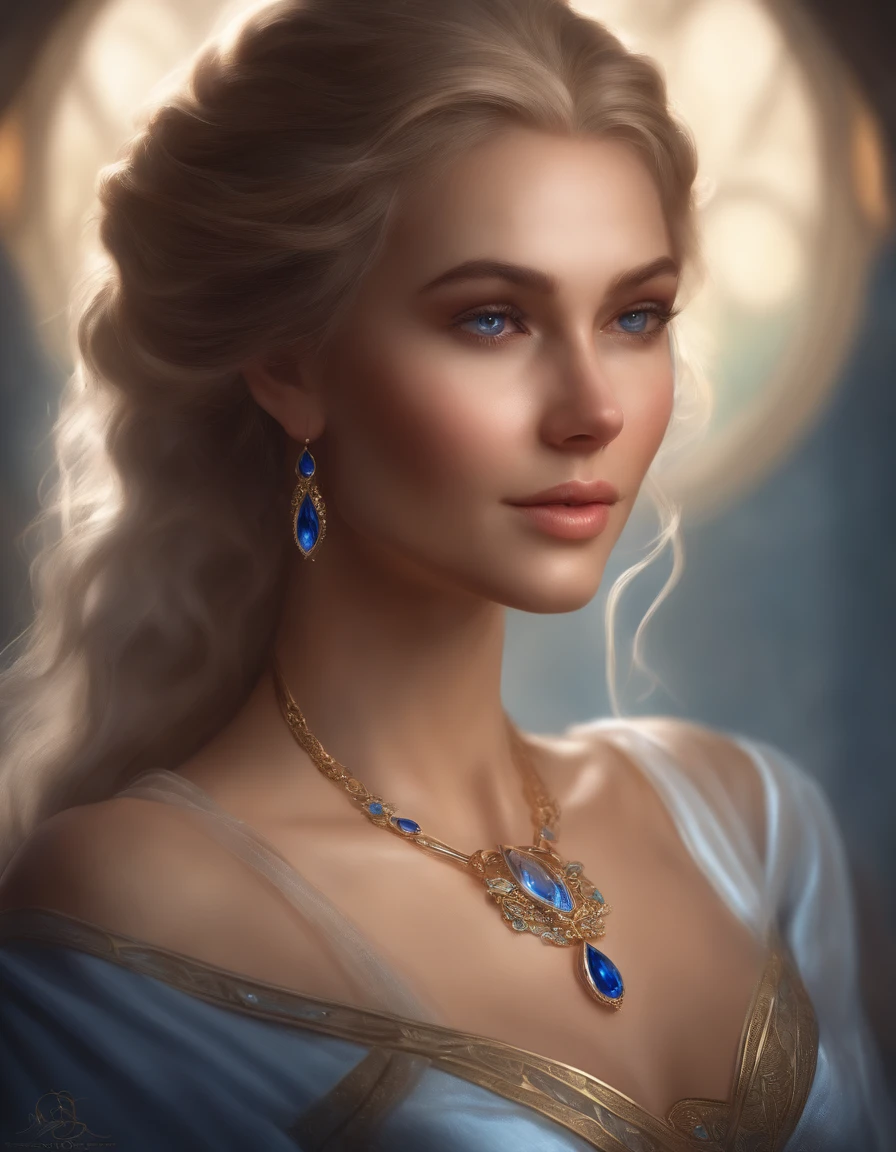 waist shot of a female elf, intricate, slender face, elegant, wearing sapphire necklace, white light dress with straps, facing camera, highly detailed, digital painting, artstation, concept art, smooth, sharp focus, illustration, art by artgerm and greg rutkowski and alphonse mucha, 8k, volumetric fog, bloom, light rays, lumen, cranked bokeh