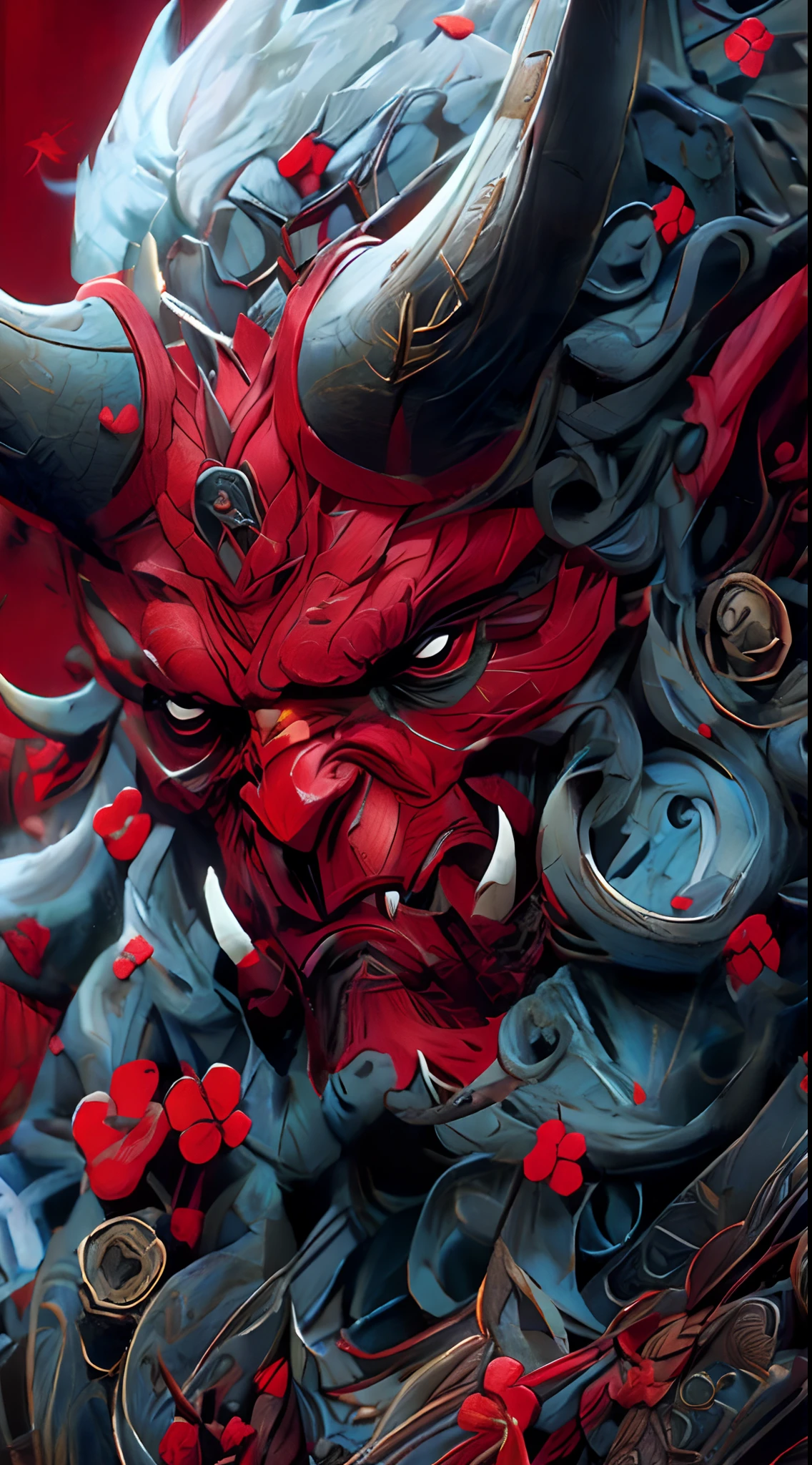 There is a red and black statue of a horned demon, The Villain in the Red Mask They, Onmyōji Detailed Art, oni horns, Demon Samurai, Mask for them, Samurai Demon Mask, demon samurai warrior, detailed painting 4k, Intricate CGI style ornate anime, Highly detailed graphics in 4K, onmyoji portrait, inspired by Shunkōsai Hokushū