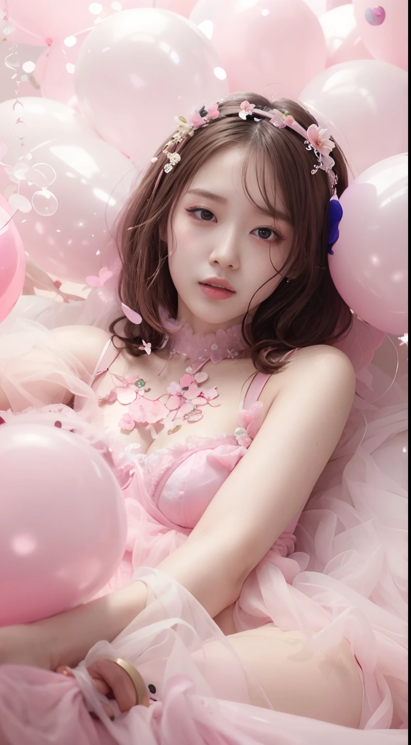 Close-up of a woman lying on a bed of balloons, inspired by Yanjun Cheng, Pink girl, yanjun cheng, shaxi, pink pastels, Smooth pink skin, xintong chen, Zhang Jingna, fairy core, Soft portrait shot 8 K, ulzzangs, belle delphine, Pastel, Guviz-style artwork
