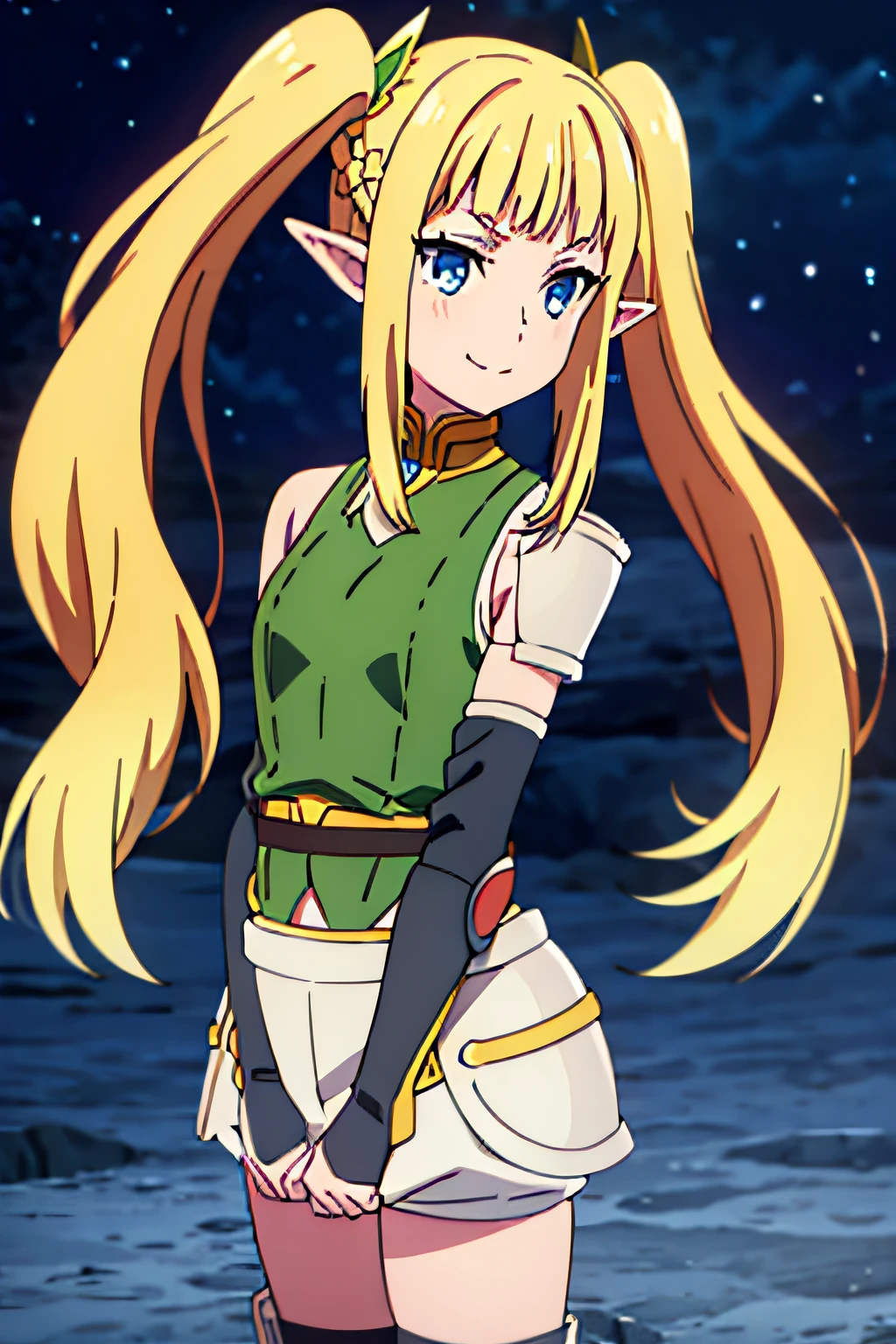 1girl,twintails,sidelocks,blonde hair,elf,blue eyes,pointy ears,long hair,bangs,braid,blunt bangs,sidelocks, solo, facing viewer, looking at viewer, upper body, smile, hair ornament,collar,detached sleeves,elbow gloves,shoulder armor,green vest,hip armor,white shorts,thighhighs,boots,