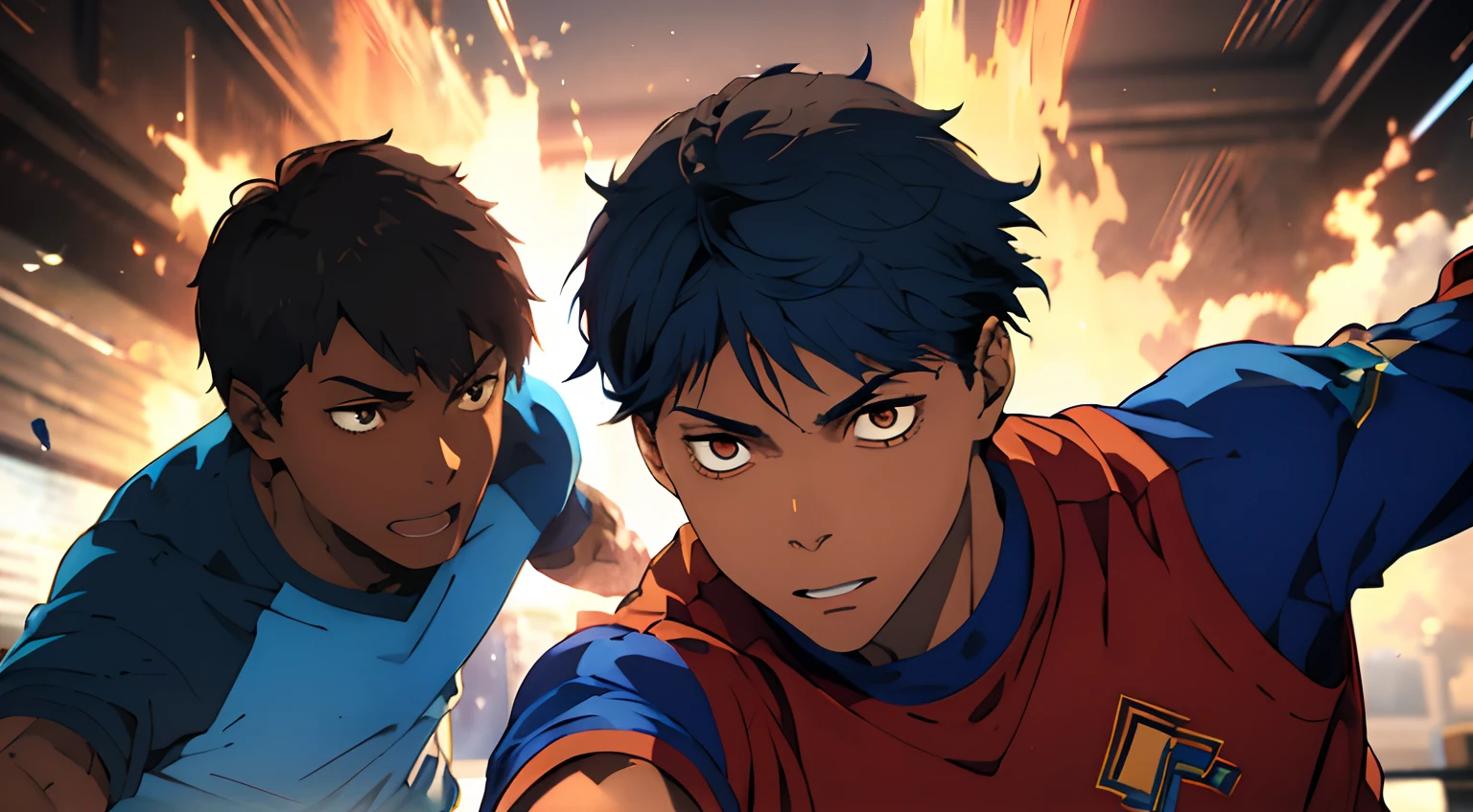 (african,boy,short hair,blue clothes,blue fire power,brown skin,fighting,african,boy,brown skin,long hair,red fire power,red clothes,detailed facial features,strong physique,energetic stance,vibrant colors,artistic portraits,realistic lighting,facing each other)