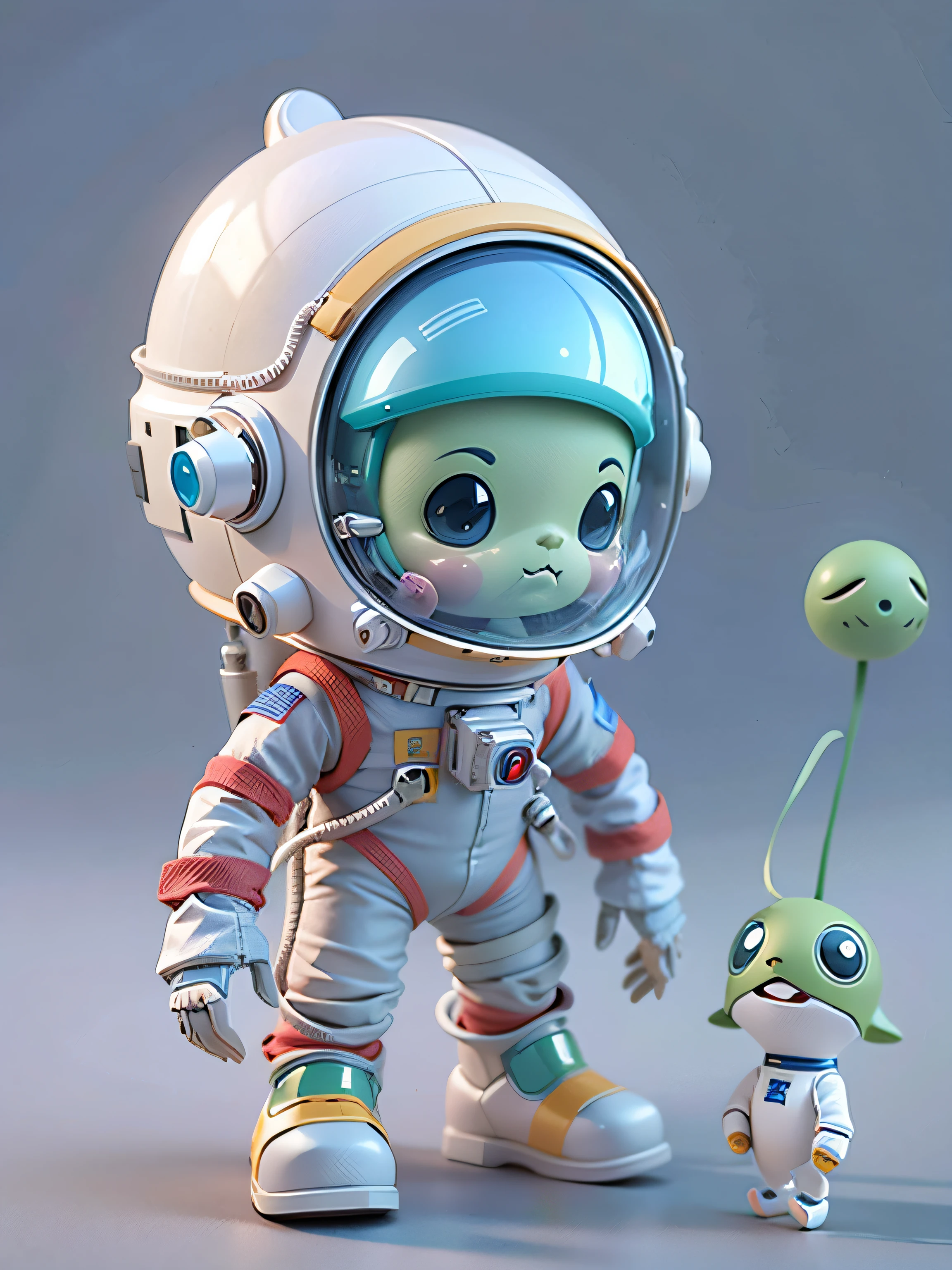 Cartoon alien astronaut with space rocket,shoe，，Transparent helmet，shaggy，adolable， cute 3 d render, Astronaut,Alien robots,Body proportions：1:1,,