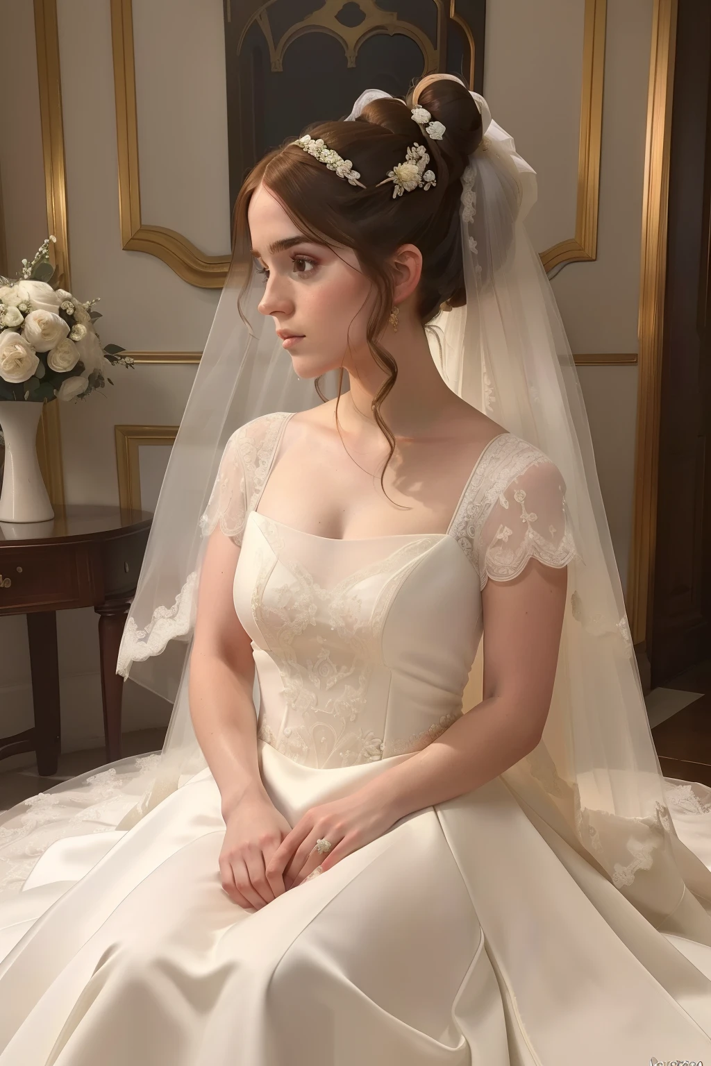 year: 2023. Location: madrid. Pre-Raphaelite scene with a 32-year-old Macarena García, Luxurious room, ((((panic attack)))), panicky, nervous, ((((2020s simple Wedding Dress)))) ((Hairstyle of the 2020s, bare Low bun)), ((("OMITB" cinematography)))
