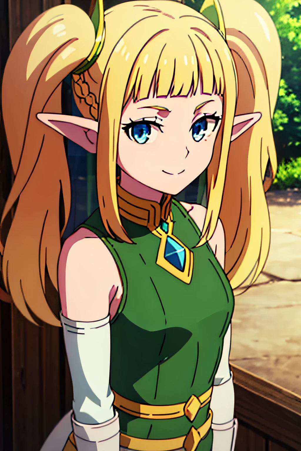 1girl,twintails,sidelocks,blonde hair,elf,blue eyes,pointy ears,long hair,bangs,braid,blunt bangs,sidelocks, solo, facing viewer, looking at viewer, upper body, smile, headwear,veil,hair ornament,collar,shoulder armor,hip armor,green vest,detached sleeves,white shorts,elbow gloves,thighhighs,boots