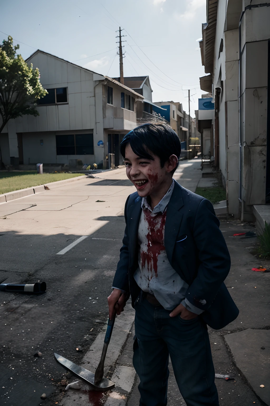 A boy with dark blue hair behind the school and behind him a blue ghost and laughing and there is blood on the ground and he has a hammer