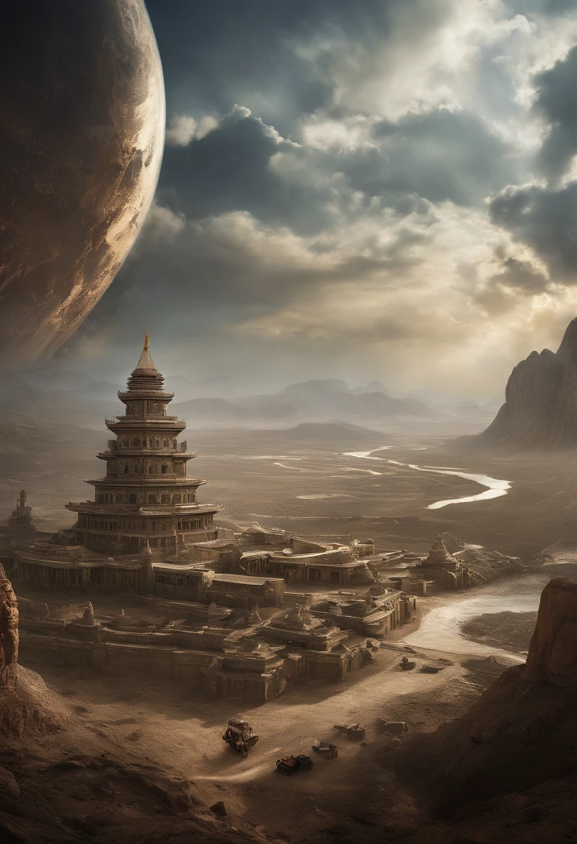 ZA's masterpiece,True HD photos,high-detail,Maximum resolution,10,Leica lenses,The backdrop of a wasted planet,Depict the futuristic world of science fiction.。This planet looks like it is experiencing catastrophe.,Ruins are everywhere.,shabby。There should be a lot of antique mechanical and electronic equipment in the picture.,This hint indicates that:,Earth's past may be home to high-tech civilizations.。。 Among the backdrop of this wasted planet.,Please draw a picture of the giant Vientiane Luang in the center of the screen.,Looks like big eyes.,It is surrounded by many small aircraft.。This huge planet should be the protagonist of this image.,It emits faint light.,It feels mysterious.。 on the right side of the screen.,Drawing robots in a spacesuit,It stood on the ruins.,Face the giant planet in the center of the image.。The design of this robot should be the future.,Oriental Touch,High-quality materials and complex mechanical structures are used.。Its head should have a transparent mask.,You can see the human face inside.。 Robot Face,Drawing ancient books or maps,It is painted with various mystical symbols and patterns.。next to a book or map.,It shows a tired and determined scientist.,He's working on this prop.,It seems to be looking for some answers or clues.。 Somewhere on this wilderness planet.,depict a forgotten human community.,They are trying to survive and rebuild civilization.。The neighborhood should have a desolate and strong Chinese style.,People wear shabby clothes and protective equipment.,They searched for food and resources in the ruins.,They are also trying to recreate the past.。Above barren stars, There is a dragon king in Chinese mythology.,Look down at a civilization abandoned from above.。