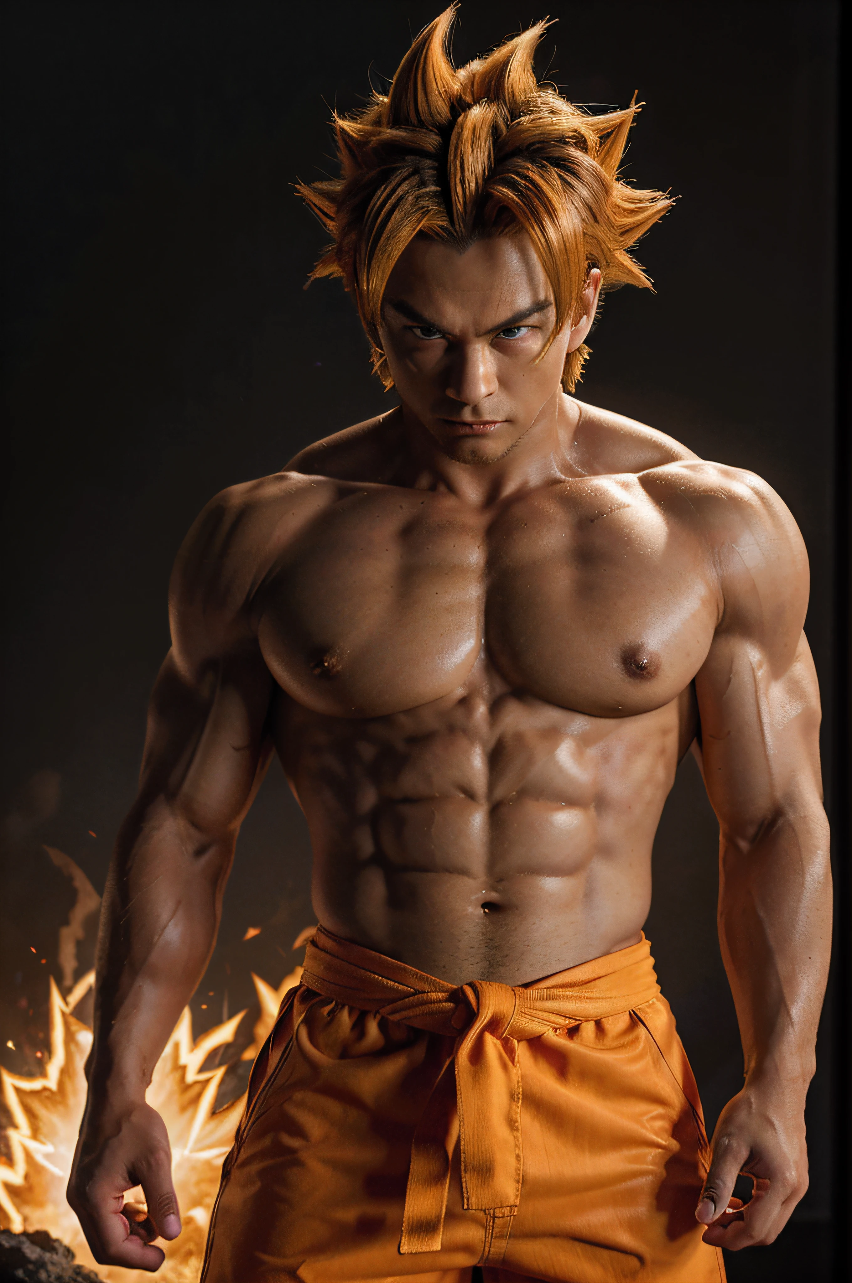 "Create a hyper-realistic 4K render of Goku in his Super Saiyan form. Focus on capturing every intricate detail, from the intensity in his eyes to the individual strands of his golden hair. Pay special attention to the anatomy, muscle definition, and the flow of his iconic orange gi. Ensure that the lighting enhances the drama of the scene, with dynamic shadows and highlights. The background should complement Goku's aura, conveying the power he possesses. This image should be of exhibition-quality, showcasing the full might of Super Saiyan Goku."