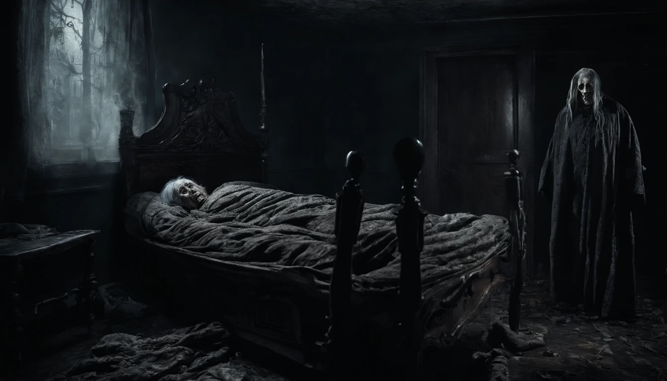 8k realistic image of a scary old woman, under the bed, horror movie environment, horror movie photography