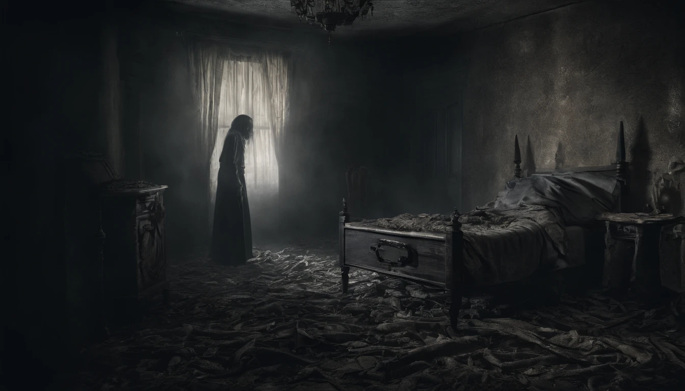8k realistic image of a scary old woman, under the bed, horror movie environment, horror movie photography