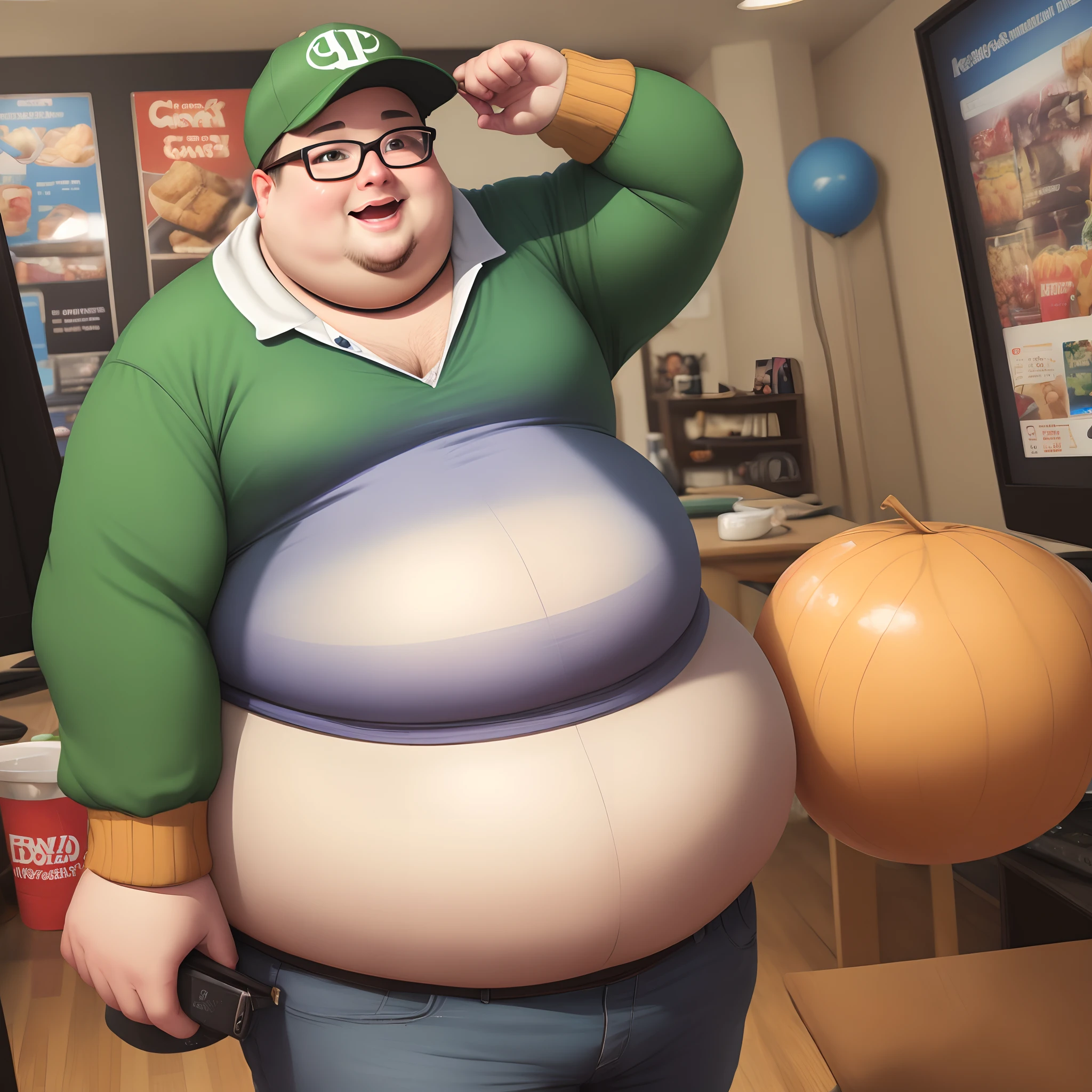 bald guy, obese, sky blue skin, purple shirt with long sleeves, black pants, scary, green smoke under his butt, Roblox style