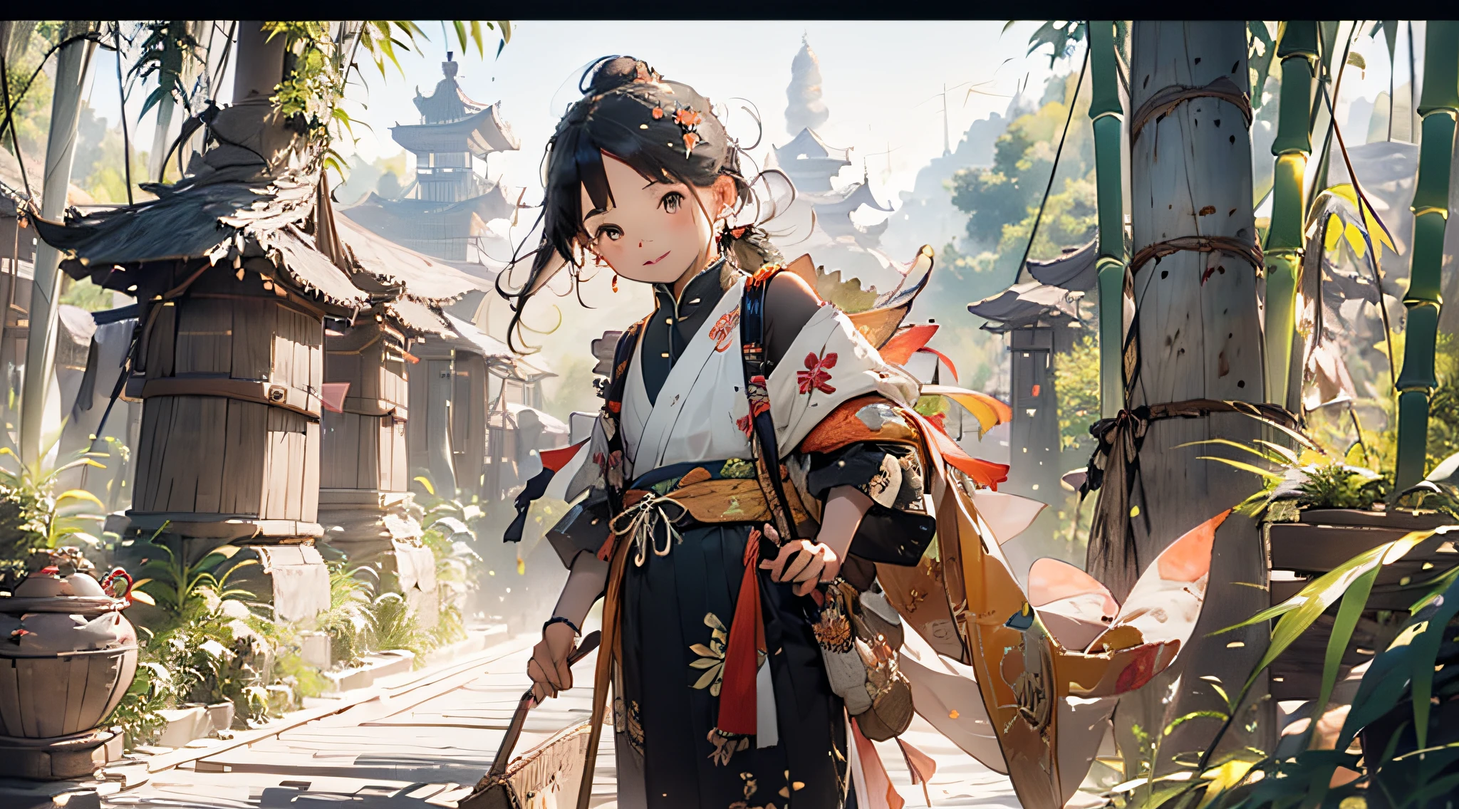 Beautiful Zhuang village. Yin Xuan stood next to a small bamboo forest, It is surrounded by several slender bamboo stalks. She was dressed in Zhuang costumes, The top is embroidered with a delicate bamboo pattern, Brilliant colors. She held a bent bamboo branch in her hand, She is weaving a delicate bamboo basket with her heart. In the basket, There are bamboo weaving works in various shapes and colors. (bright vibrant colors), (Best quality,high resolution,Ultra-detailed), (Realistic), (Zhuang style), (Detailed facial features), (Traditional Zhuang costumes), [bamboo grove], (Bamboo pattern), [Slender bamboo stalks], (Knit with heart), [Delicate bamboo baskets], (All kinds of bamboo weaving works).in a panoramic view。solo person，The picture is sideways in the lower left corner，There are houses and villages in the distance