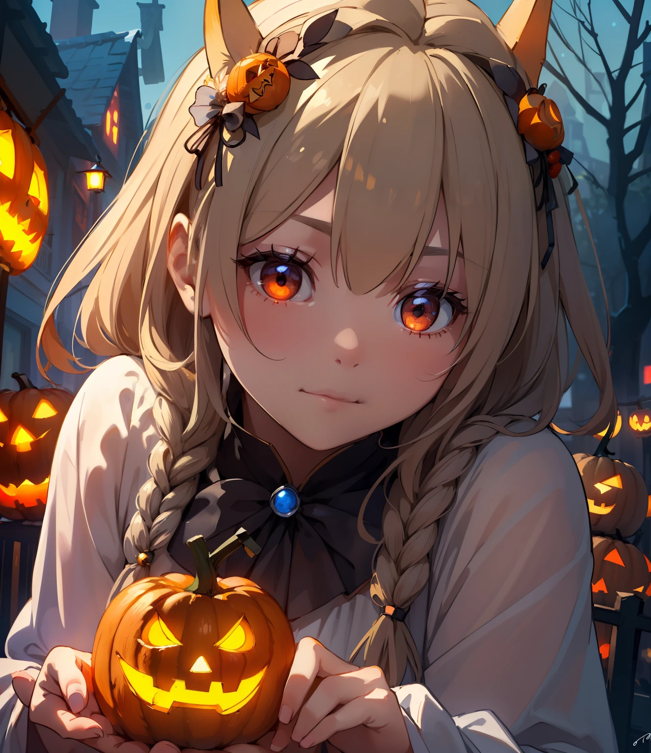 (masterpiece、top-quality、top-quality、Beautifully Aesthetic:1.2)、(((Girl in cute glowing jack lantern head)))、((I can't see the girl's face))、halloween night、ighly detailed、colourfull、highestdetailed,Russian beauty model