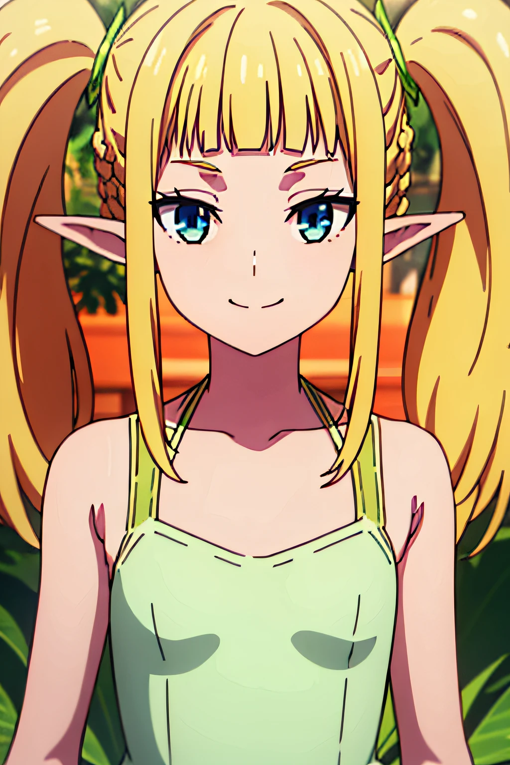 1girl,twintails,sidelocks,blonde hair,elf,blue eyes,pointy ears,long hair,bangs,braid,blunt bangs,sidelocks, solo, facing viewer, looking at viewer, upper body, smile, white camisole,green one-piece swimsuit,frilled swimsuit,flat chest.